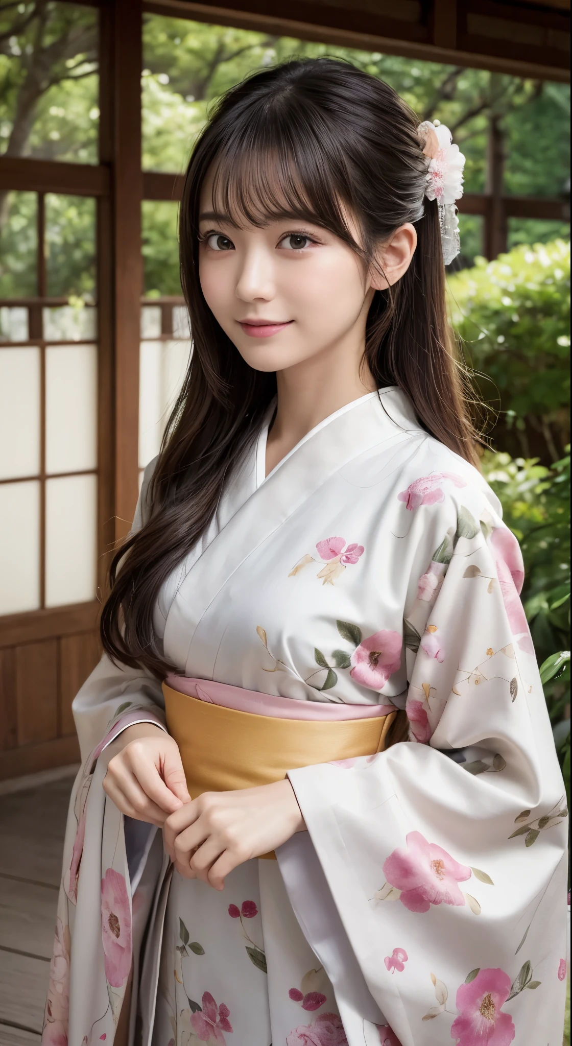 (Photorealsitic:1.4), (Top image quality:1.0), (超hight resolution:1.0), 8K, Raw photography, (​masterpiece:0.2), (pureerosface_v1:0.5)、(Best Quality Detail:1.2)、realisitic、8K UHD、hight resolution、(1girl in:1.2)、The ultra-detailliert、High quality textures、intricate detailes、detaileds、非常detailedsなCG、High quality shadows、Detail Beautiful delicate face、Detail Beautiful delicate eyes、depth of fields、Ray traching,1girl in, japanaese girl, Cute, slender, Kimono with Japanese pattern,Floral scrunchie, Beautiful skin, Facing the front,Country of Japan,Japanese garden,Luxury Japanese-style room, skyporn, Magic Hour, (Realistic:1.3), 細かくdetailedsなプッシー, quality, (masutepiece:1.2), (Photorealsiticです:1.2), (Best Quality), (Intricate details), Dramatic, Ray tracing, photograph, Natural smile