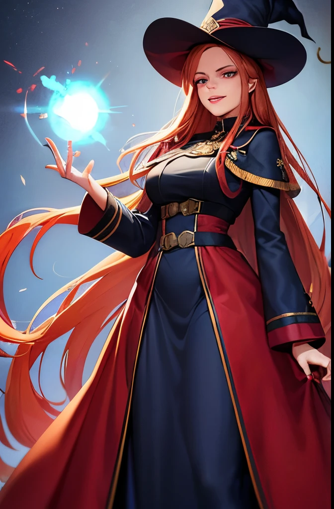 A 23 year old woman, gorgeous ginger woman, medium length strawberry blonde hair, wearing a long navy blue Russian army overcoat, navy blue and gold witch's hat, fully clothed, green eyes, vibrant eyes, red lipstick, holding an orb of fire in her right hand, sinister smile, evil smile, full body.