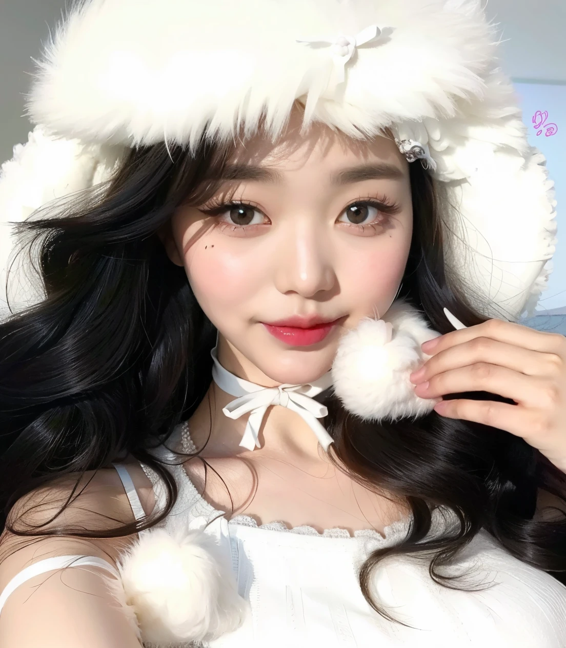 Araffe girl with long black hair wearing a white hat and a white dress, Ulzzang, wan adorable korean face, pale snow white skin, young adorable korean face, pale milky white porcelain skin, Jinyoung Canela, muito bonita gatinha fofa, bonito-fino-cara, com bonito - fino - rosto, com olhos bonitos, meninana