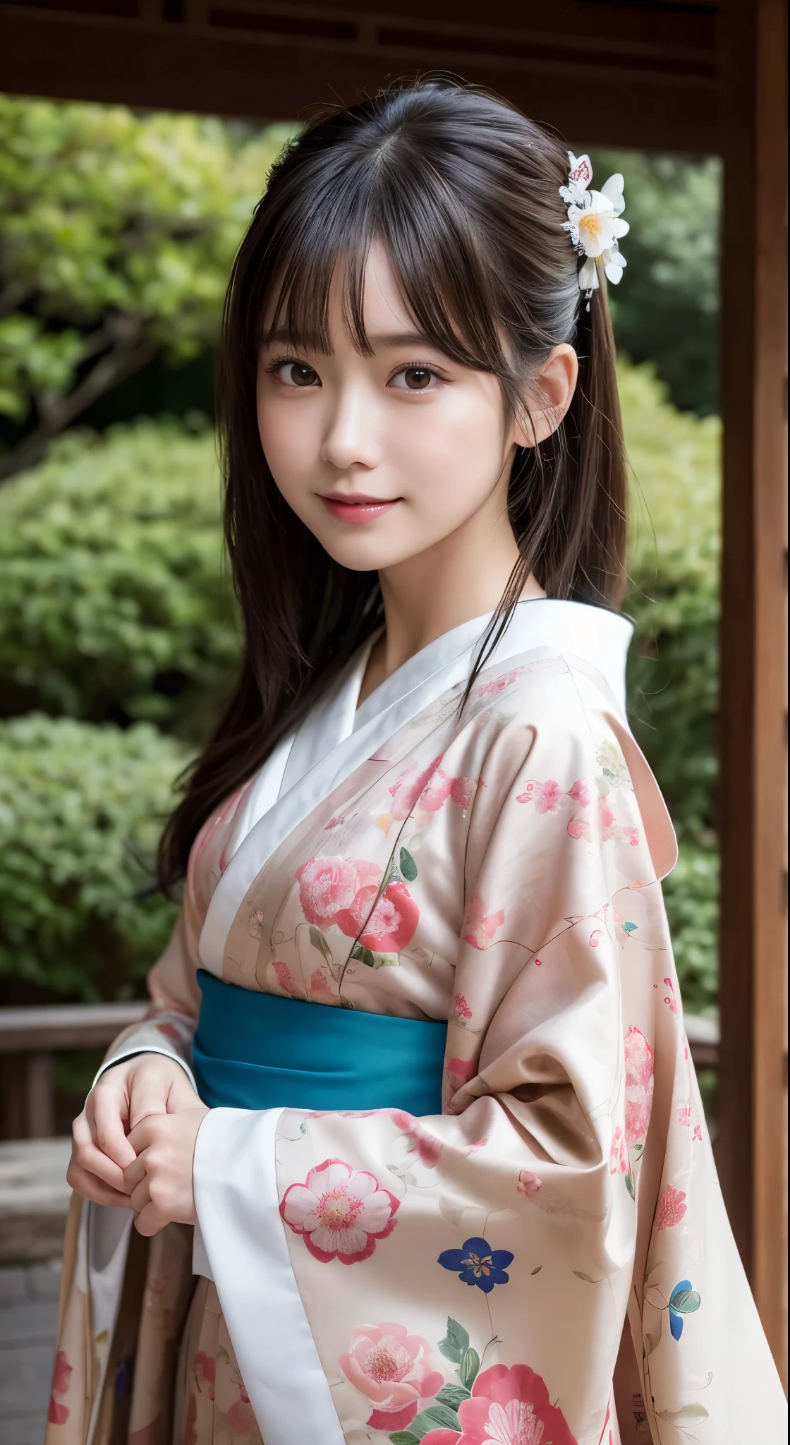 (Photorealsitic:1.4), (Top image quality:1.0), (超hight resolution:1.0), 8K, Raw photography, (masterpiece:0.2), (pureerosface_v1:0.5)、(Best Quality Detail:1.2)、realisitic、8K UHD、hight resolution、(1girl in:1.2)、The ultra-detailliert、High quality textures、intricate detailes、detaileds、非常detailedsなCG、High quality shadows、Detail Beautiful delicate face、Detail Beautiful delicate eyes、depth of fields、Ray traching,1girl in, japanaese girl, Cute, slender, Kimono with Japanese pattern,Floral scrunchie, Beautiful skin, Facing the front,Country of Japan,Japanese garden,Luxury Japanese-style room, skyporn, Magic Hour, (Realistic:1.3), 細かくdetailedsなプッシー, quality, (masutepiece:1.2), (Photorealsiticです:1.2), (Best Quality), (Intricate details), Dramatic, Ray tracing, photograph, Natural smile