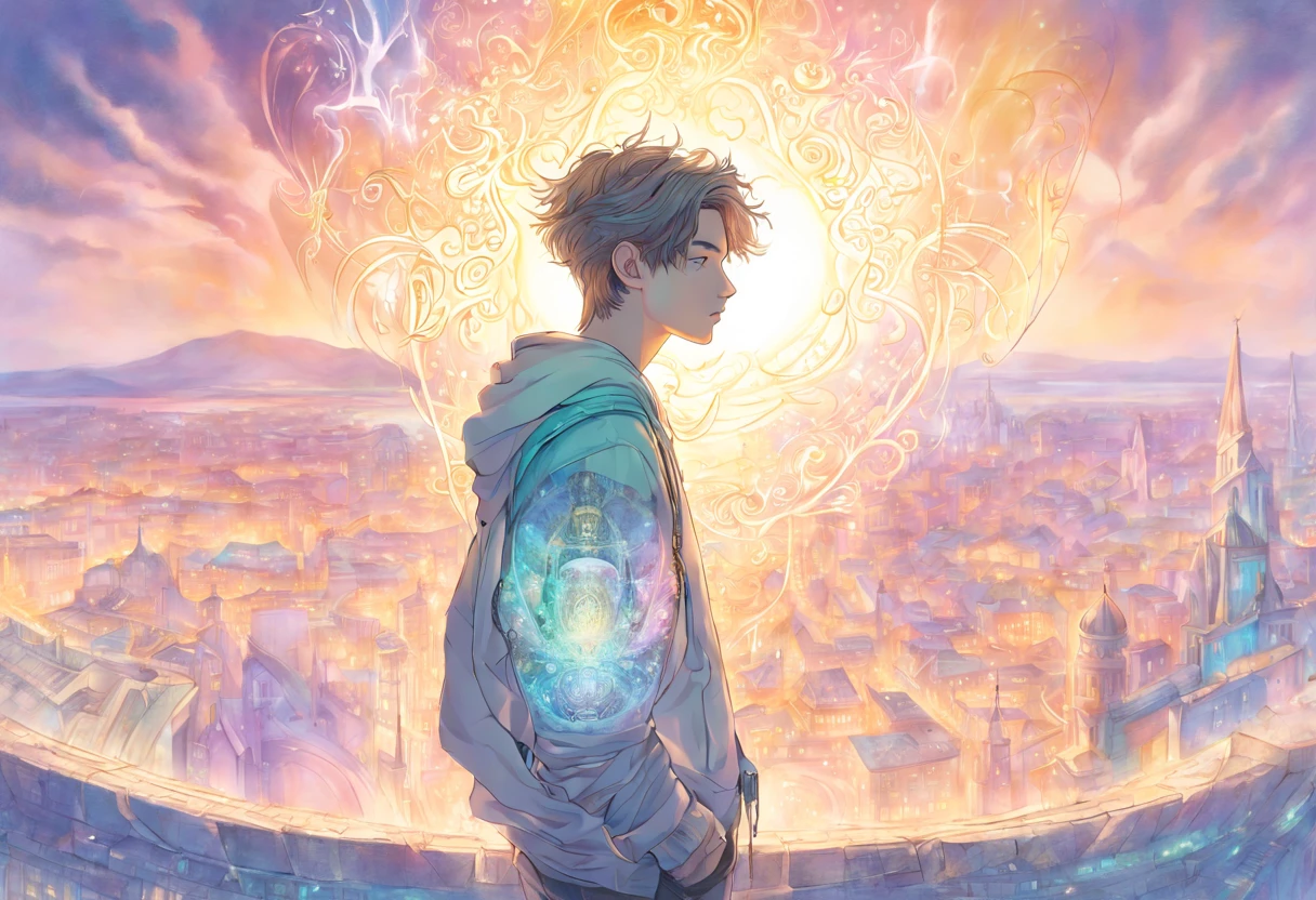 the panorama, (A young man of ), The amulet glows, complex light, pastel colours, style modern fantasy, (((Detailed drawing))), against the backdrop of the city