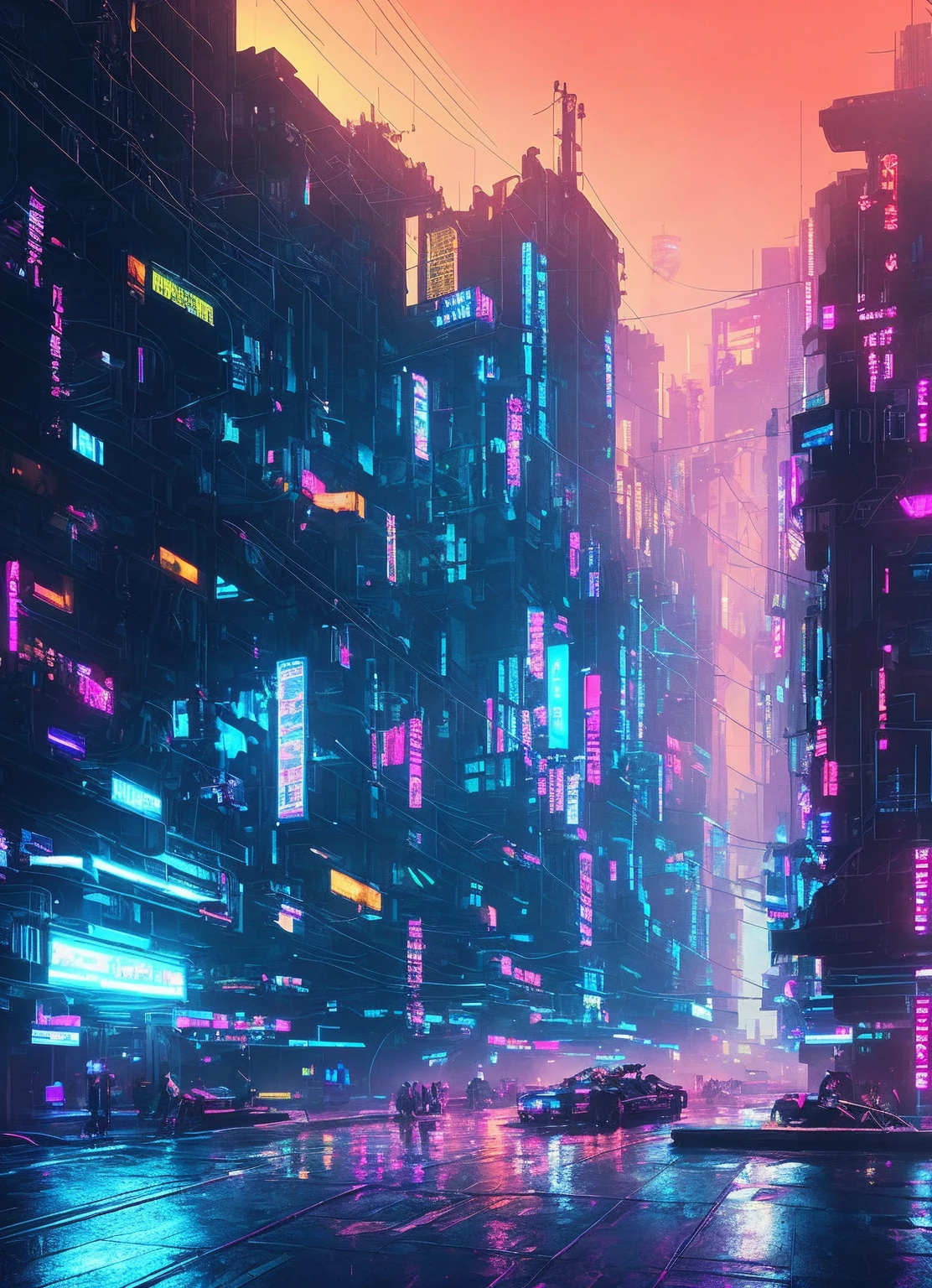 （An artistic photo of cyberpunk）（The is very detailed：1.2），（Intricate neon slums in the background：1.1），ultra - detailed，（softlighting：1.2），A high resolution，cinematic grain.Parallel up and down，in weightlessness，Threshold space