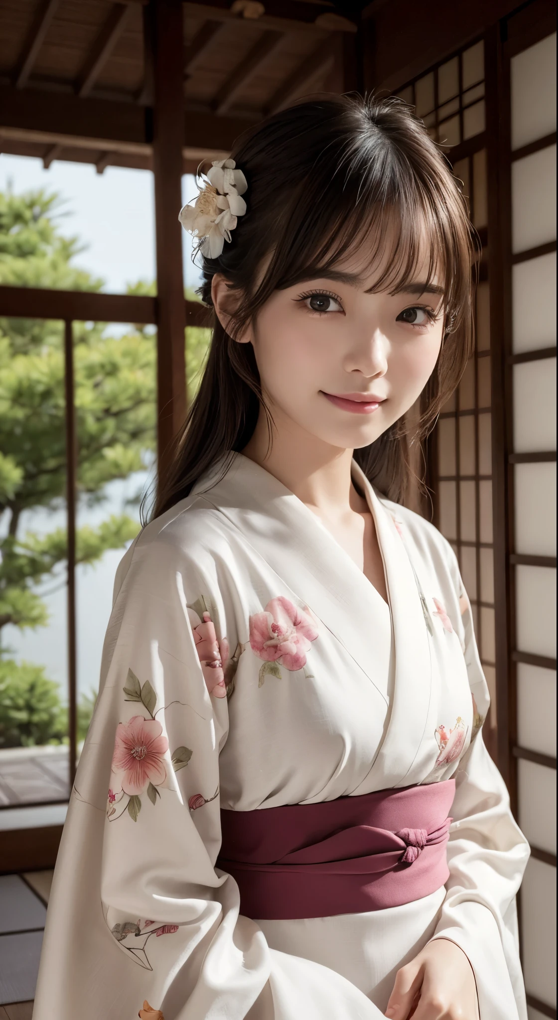 (Photorealsitic:1.4), (Top image quality:1.0), (超hight resolution:1.0), 8K, Raw photography, (​masterpiece:0.2), (pureerosface_v1:0.5)、(Best Quality Detail:1.2)、realisitic、8K UHD、hight resolution、(1girl in:1.2)、The ultra-detailliert、High quality textures、intricate detailes、detaileds、非常detailedsなCG、High quality shadows、Detail Beautiful delicate face、Detail Beautiful delicate eyes、depth of fields、Ray traching,1girl in, japanaese girl, Cute, slender, Kimono with Japanese pattern,Floral scrunchie, Beautiful skin, Facing the front,Country of Japan,Japanese garden,Luxury Japanese-style room, skyporn, Magic Hour, (Realistic:1.3), 細かくdetailedsなプッシー, quality, (masutepiece:1.2), (Photorealsiticです:1.2), (Best Quality), (Intricate details), Dramatic, Ray tracing, photograph, Natural smile