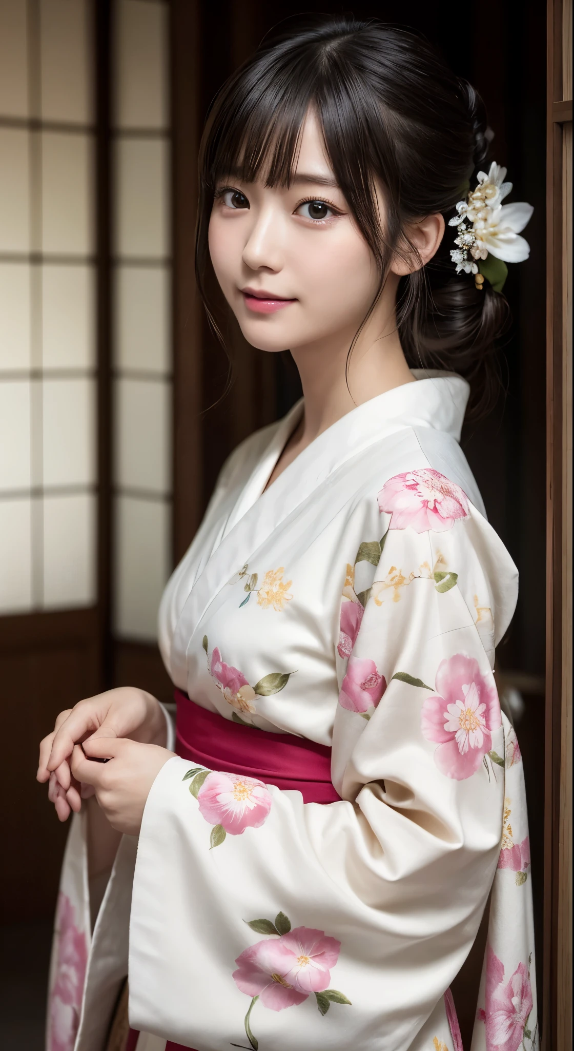 (Photorealsitic:1.4), (Top image quality:1.0), (超hight resolution:1.0), 8K, Raw photography, (masterpiece:0.2), (pureerosface_v1:0.5)、(Best Quality Detail:1.2)、realisitic、8K UHD、hight resolution、(1girl in:1.2)、The ultra-detailliert、High quality textures、intricate detailes、detaileds、非常detailedsなCG、High quality shadows、Detail Beautiful delicate face、Detail Beautiful delicate eyes、depth of fields、Ray traching,1girl in, japanaese girl, Cute, slender, Kimono with Japanese pattern,Floral scrunchie, Beautiful skin, Facing the front,Country of Japan,Japanese garden,Luxury Japanese-style room, skyporn, Magic Hour, (Realistic:1.3), 細かくdetailedsなプッシー, quality, (masutepiece:1.2), (Photorealsiticです:1.2), (Best Quality), (Intricate details), Dramatic, Ray tracing, photograph, Natural smile