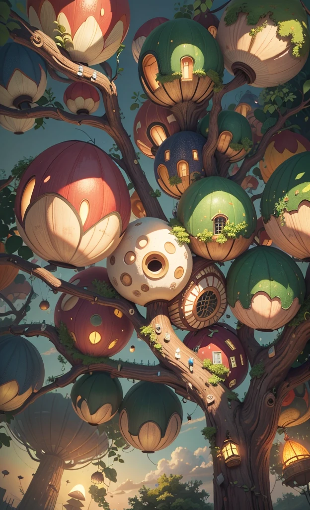 Light up the colorful mushroom forest,world in a bottle,A fairyland-like hideaway,Colorful mushroom house,a fairy world,夏天,Seafront,Rios,tree house,sunflower fields,lavender,mountain ranges,mountain peak tree,a small medieval village, Italy, Vera, medieval town, medieval village, 幻想Italy, quaint village, Italy杰作, medieval coastal village, medieval town景观、Cobblestone road、View from the street、Behold