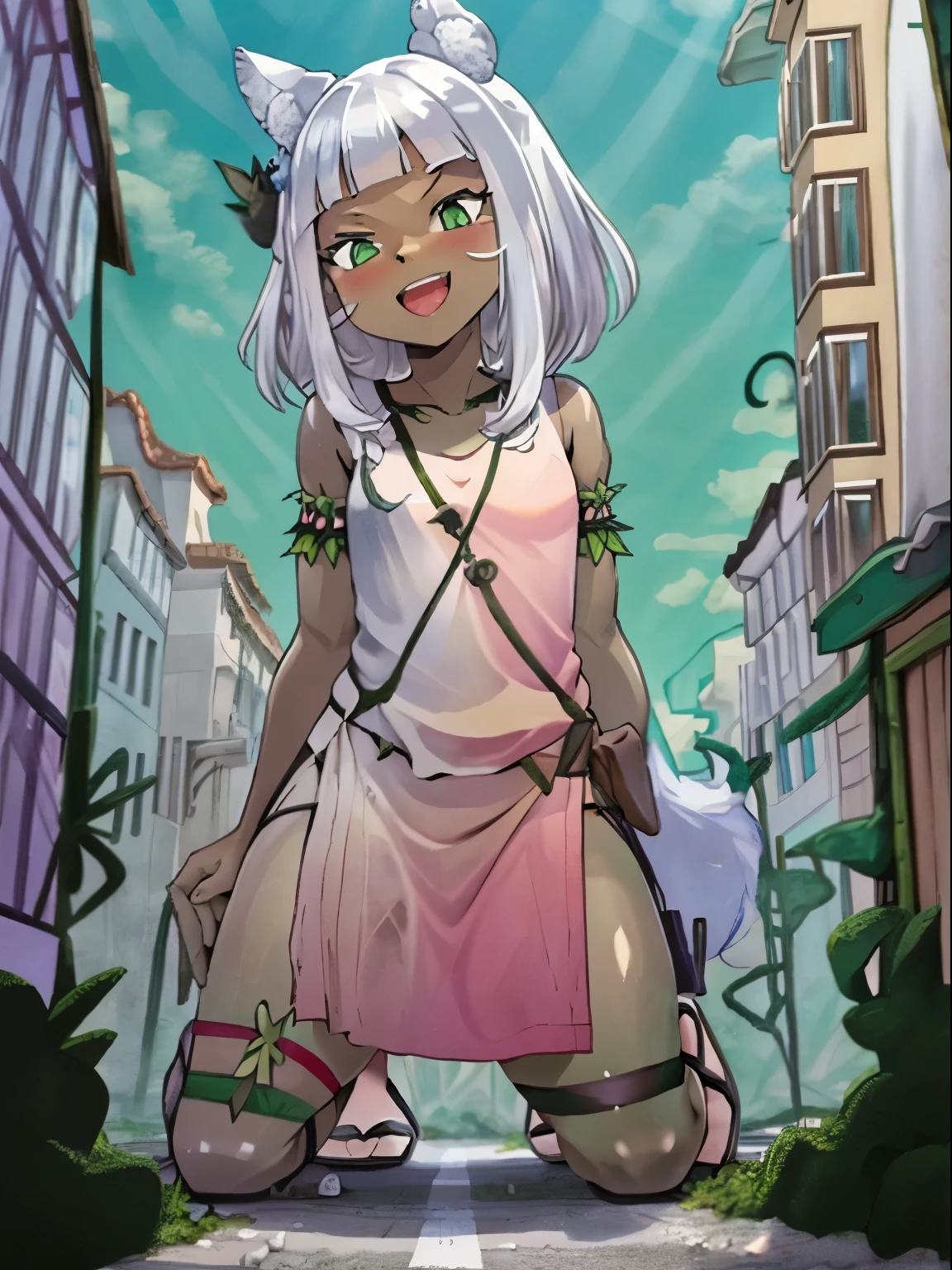 Ochette, girl, dark skin, white hair, green eyes, giantess, huge, small viewer, 70 ft tall, cute, full body, best quality, pink dress, metal bracelets, larger than buildings, flat ground, street, ground visible, black shorts, wearing shorts, adorable, kind, gentle, empty hands, small build, slim, smiling, detailed mouth, size difference, kneeling over skyscrapers, sandals, tiny city, socks, loose clothes, perfect proportions, blushing, wolf tail