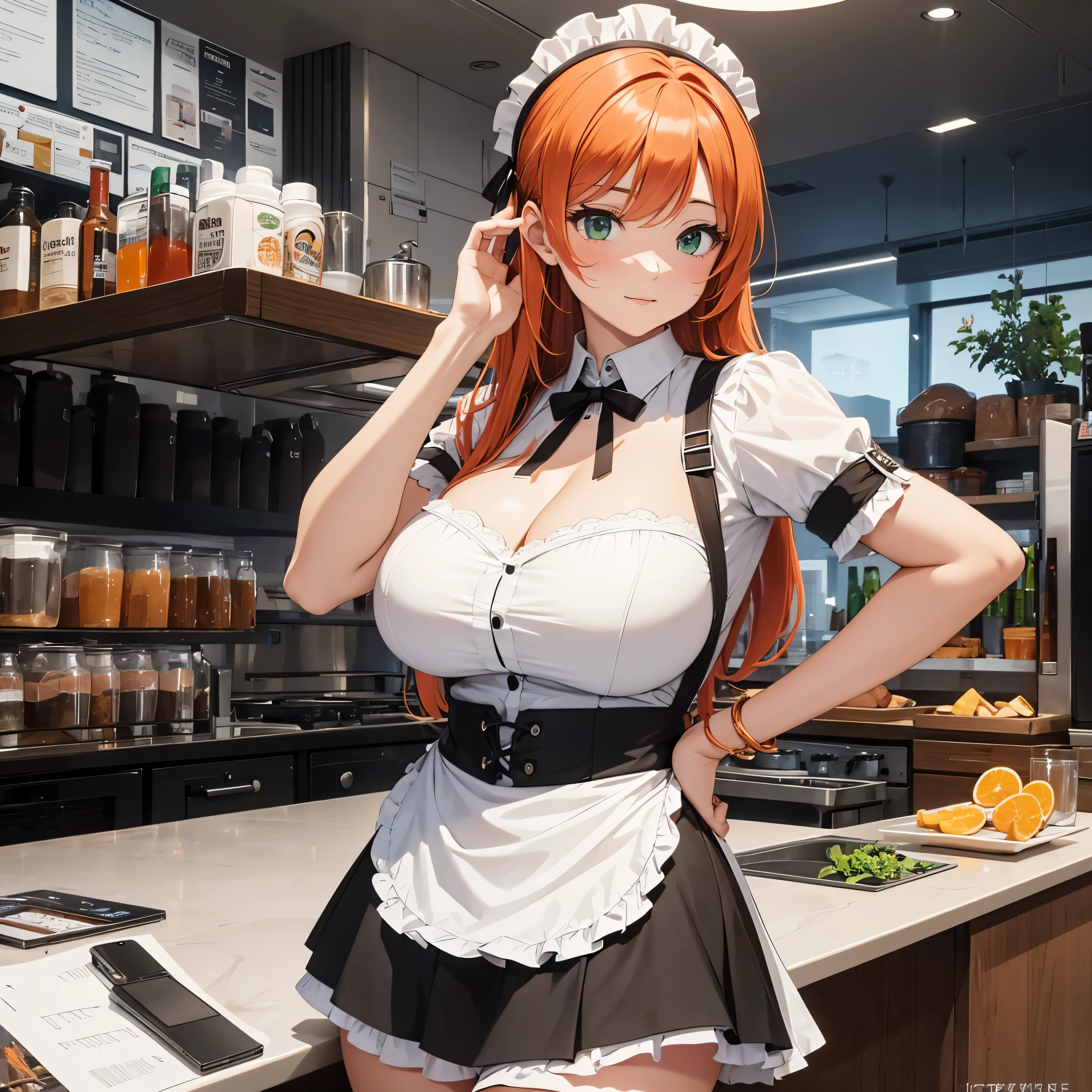 /draw ai_generated curvy_female curvy_figure The average cup size female_only huge_breasts looking_at_viewer +maid solo_female solo_focus stable_diffusion waitress orange_hair green_eyes lifts the skirt showing black panties legs in white stockings