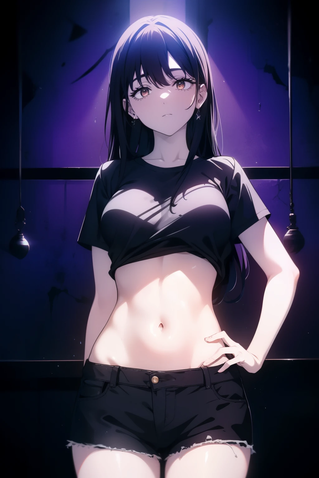 ((((Obra maestra, La mejor calidad, ultrahigh resolution)))), 1girl, standing, black t-shirt, jean shorts, (black hair, dark black hair over eye:1), long hair cut, pale skin, ((brown eyes)), glowing_eyes, neon eyes, (ultra detailed eyes:0.7, beautiful and detailed face, detailed eyes:0.9), ((centered)), ((over joyed expression)), ((wide shot)), facing viewer, (((indoor part, purple and black lights, rave:1))), medium breasts, looking at viewer, ((half closed eyes)), ((perfect hands)), (((head:1, arms, hips in view, elbows, thighs, in view))), ((hands on hips)), empty eyes, beautiful lighting, outside, outdoors, background, defined subject, 25 years old, (head tilt), (((cool))),