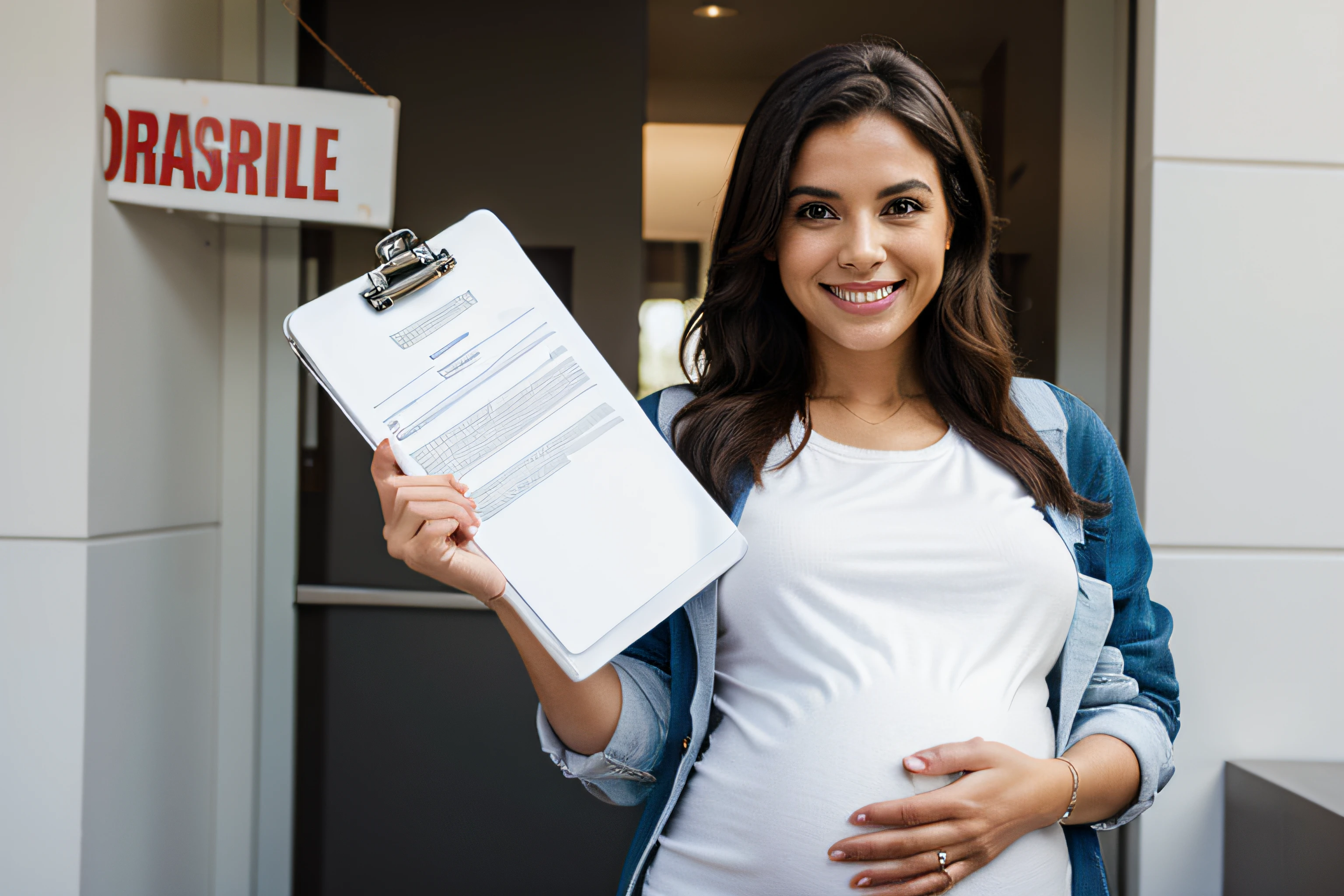 smiling pregnant woman holding a clipboard and pointing up with copy space