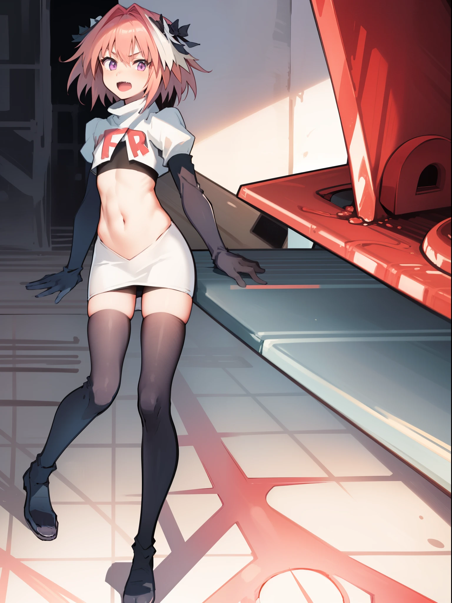 absurdres, masterpiece, best quality, (astolfo fate:1.2155), 1boy, male focus, trap, pink multicolored hair, pink hair, white hair, hair intakes, long hair, pink detailed eyes, crossdressing,1boy, team rocket,team rocket uniform, red letter R, white skirt,white crop top,black thigh-highs,black elbow gloves