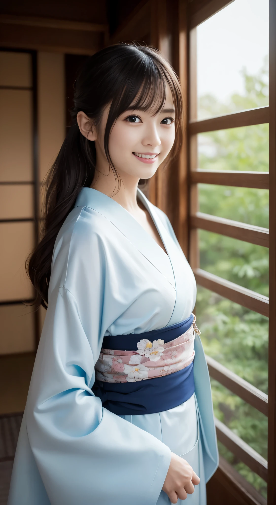 (Best Quality, 8k, 32k, Masterpiece, UHD: 1.2), 1 Girl, Beautiful Japan Woman, Slender Waist, Beautiful Woman with Perfect Style: 1.4, Big: 1.3, Fine Face, Smile, Ryokan, Yukata, Table Tennis, 18 Years Old, Nogizaka Idol, Actress, Korean Idol, Gravure Idol