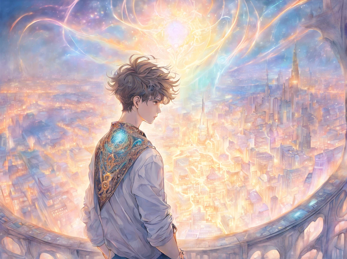 the panorama, (A young man of ), The amulet glows, complex light, pastel colours, style modern fantasy, (((Detailed drawing))), against the backdrop of the city