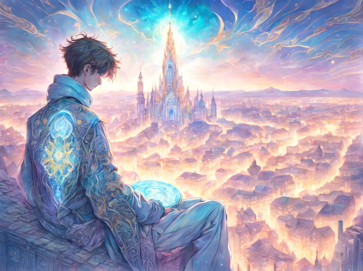the panorama, (A young man of 16 years old), The amulet glows, complex light, pastel colours, style modern fantasy, (((Detailed drawing))), against the backdrop of the city