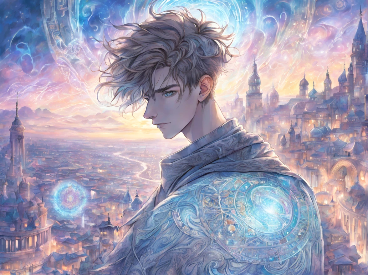 the panorama, (A young man of 16 years old), The amulet glows, complex light, pastel colours, style modern fantasy, (((Detailed drawing))), against the backdrop of the city