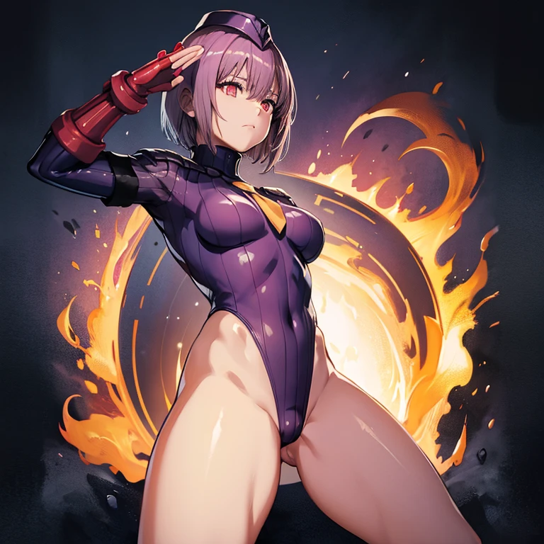 ultra-detailed, Explicit, Beautiful body, Beautiful Nose, Beautiful character design, perfect eyes, perfect face, ultra highres, 4K, beautiful legs, perfect legs, Nice hands, Perfect hand, Masterpiece, Best Quality, Highly detailed, illustration, absurdres, street fighter, doll suit, shadaloo doll, dollsuit, girls, multiple girls, expressionless, blank eyes, looking at viewer, red gloves, emotionless, black latex, corrution, mind control, female combatant, full body, hypnotized, unhappy trance, full body suit, ribbed bodysuit, both arms at side, obey, perfect female body, extremely glossy latex, hypnosis, hypnoLora, empty eyes, Mind control device, poses, submissive_pose, Slave, hat, necktie, stand up straight, standing, standing at attention, hat, necktie, belt, latex, ribbed bodysuit, brown hair, thighhighs, garter belt, Fighting Stance, extending the right arm from the shoulder into the air with a straightened hand, nazi saluting, military, military saluting, salute, thigh boots, purple hair, orange eyes, Akane Shinjou, SSSS.Gridman, medium hair,