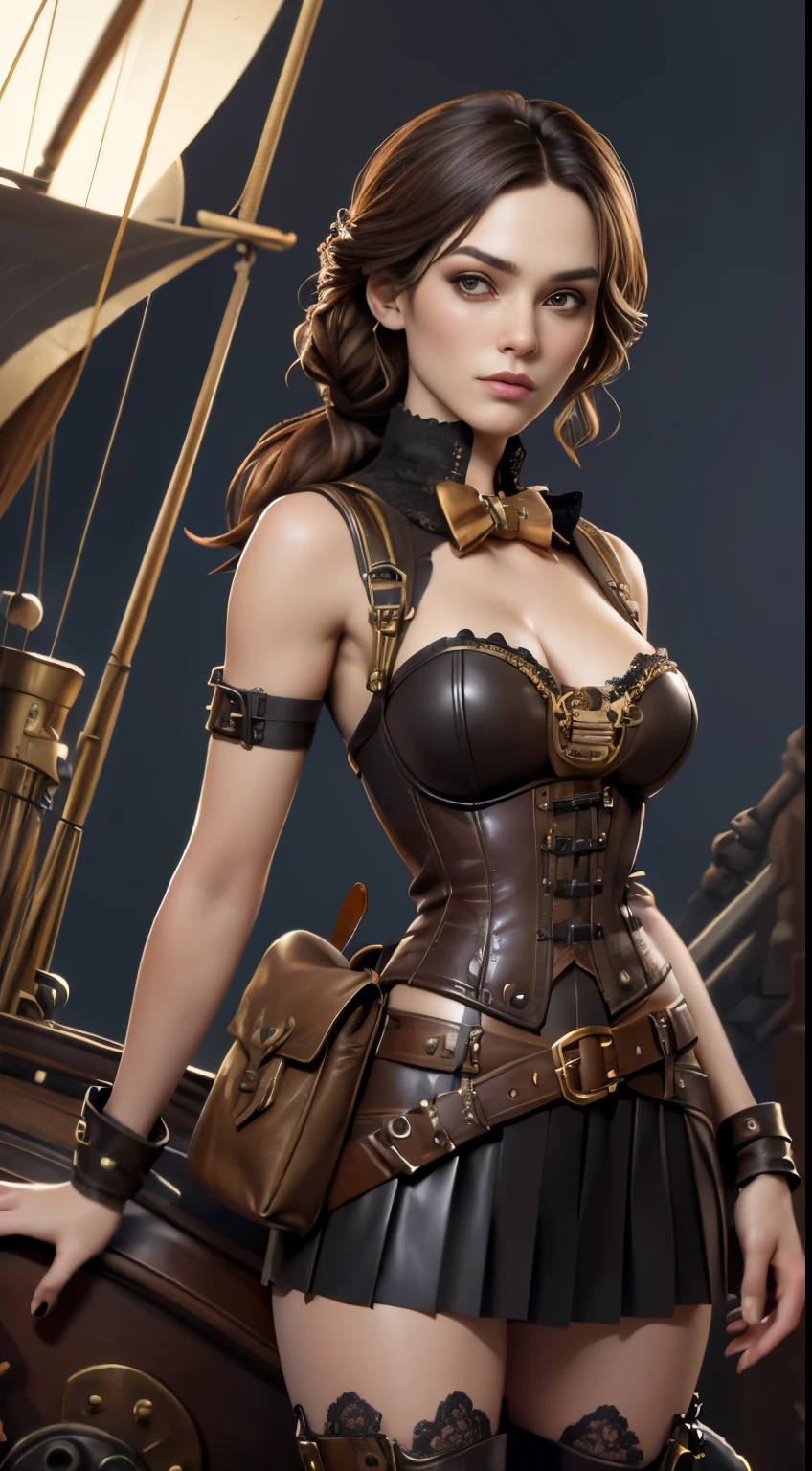 photo of Keira Knightley, RAW, beautiful woman, ((portrait)), ((detailed face:1.2)), ((detailed facial feature, detailed skin, clear skin), (perfect proportioned body, medium breasts), ((wearing steampunk outfit with lace, leather corset, sleeveless, leather belt, ammo pouch attached to belt, ornamental brass parts, portrait, thigh high boots, pleated skirt, brown leather, black fabric)), (high detailed steampunk ship, on the bow of a  pirate ship), (realistic photo, best quality, detailed), (8k wallpaper), (cinematic lighting, dramatic lighting) (sharp focus, intricate)