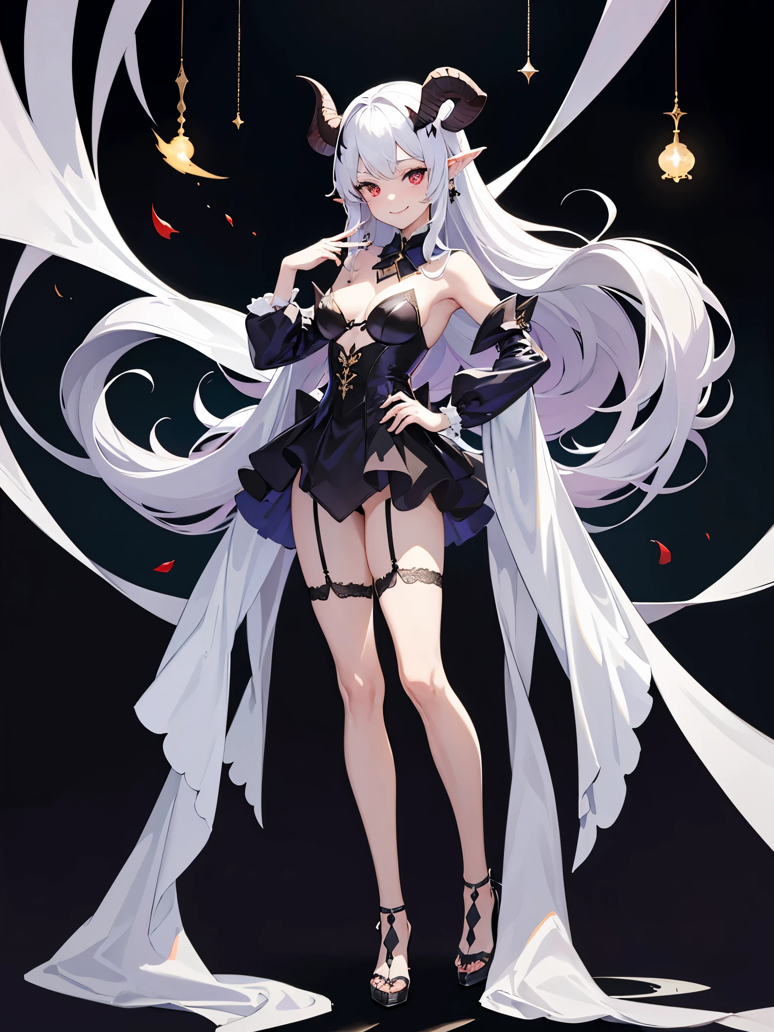 full body shot shot,portrait,solo person,a beauty girl,Hair over the shoulder,succubi,Happy,pointy ears,goat horn,high-heels,Put your hand to your mouth,Crossed waist with one hand,Whitish skin tone,Bow collar,比基尼,grin,Magic pupil,a garter belt,The demons,The demons翅膀,Bat wings growing on the back,Crop topping,Sexy dressing,underwear