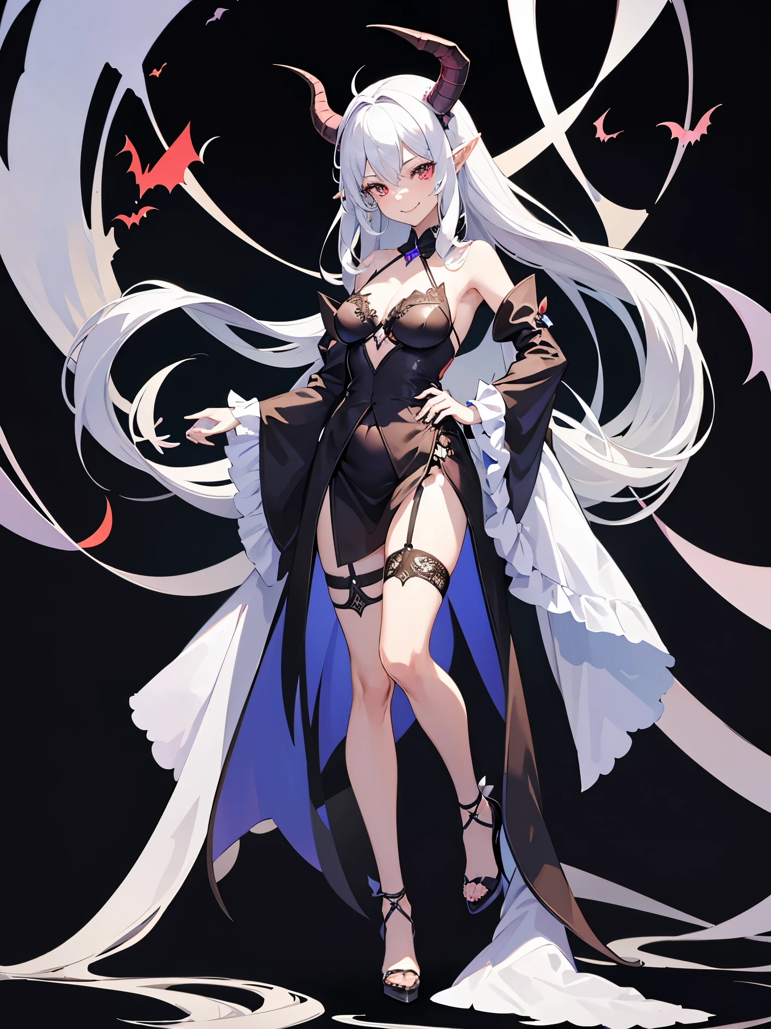 full body shot shot,portrait,solo person,a beauty girl,Hair over the shoulder,succubi,Happy,pointy ears,goat horn,high-heels,Put your hand to your mouth,Crossed waist with one hand,Whitish skin tone,Bow collar,比基尼,grin,Magic pupil,a garter belt,The demons,The demons翅膀,Bat wings growing on the back,Crop topping,Sexy dressing,underwear
