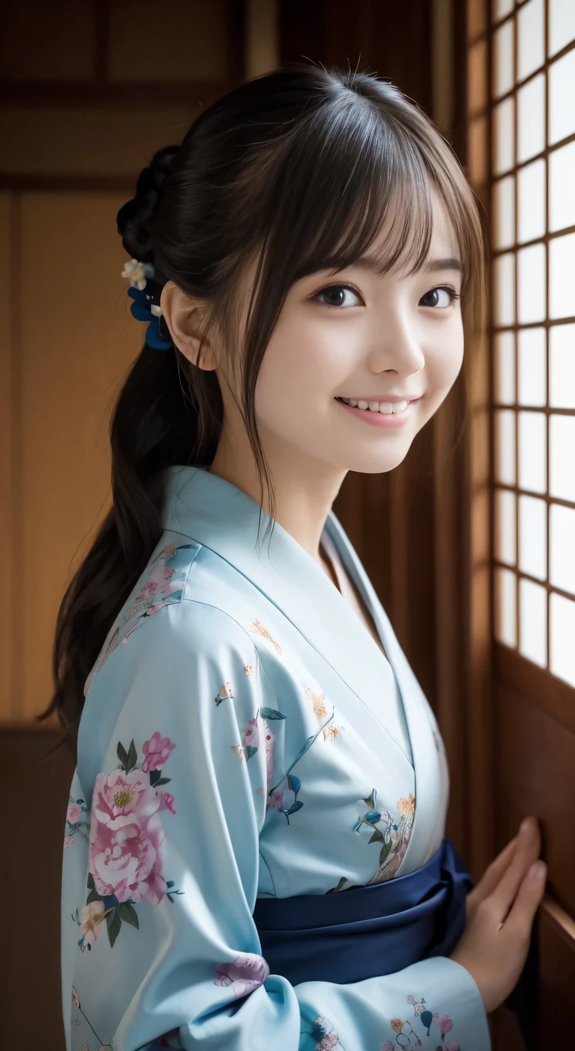 (Photorealsitic:1.4), (Top image quality:1.0), (超hight resolution:1.0), 8K, Raw photography, (masterpiece:0.2), (pureerosface_v1:0.5)、(Best Quality Detail:1.2)、realisitic、8K UHD、hight resolution、(1girl in:1.2)、The ultra-detailliert、High quality textures、intricate detailes、detaileds、非常detailedsなCG、High quality shadows、Detail Beautiful delicate face、Detail Beautiful delicate eyes、depth of fields、Ray traching,1girl in, japanaese girl, Cute, slender, Kimono with Japanese pattern,Floral scrunchie, Beautiful skin, Facing the front,(Smile faintly:1.4),Country of Japan,Japanese garden,Luxury Japanese-style room, skyporn, Magic Hour, (Realistic:1.3), 細かくdetailedsなプッシー, quality, (masutepiece:1.2), (Photorealsiticです:1.2), (Best Quality), (Intricate details), Dramatic, Ray tracing, photograph, +Lola