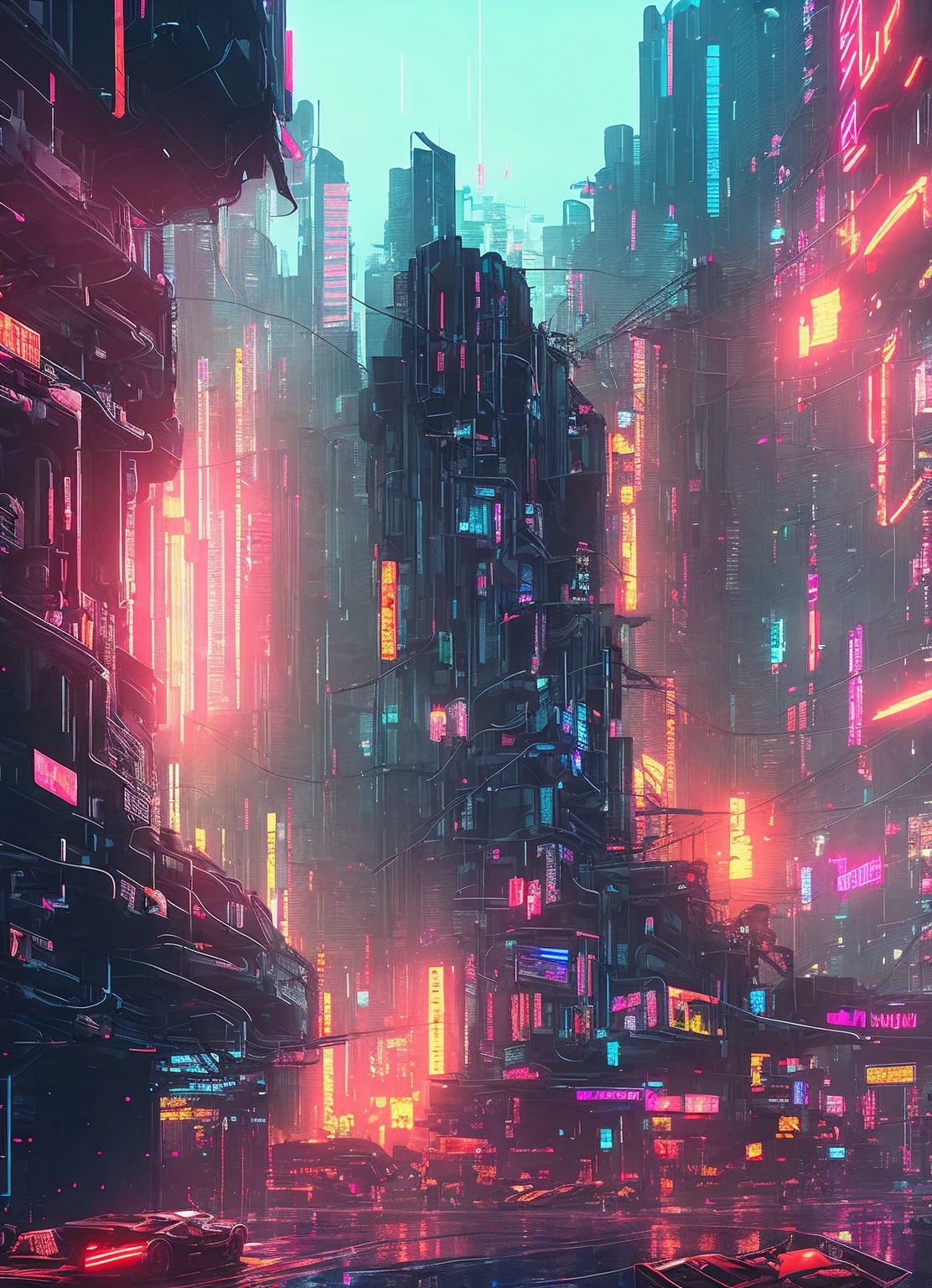 (An artistic photo of cyberpunk)(The is very detailed:1.2),(Intricate neon slums in the background:1.1),ultra - detailed,(softlighting:1.2),A high resolution,cinematic grain.Parallel up and down,in weightlessness,Threshold space,terror,Red