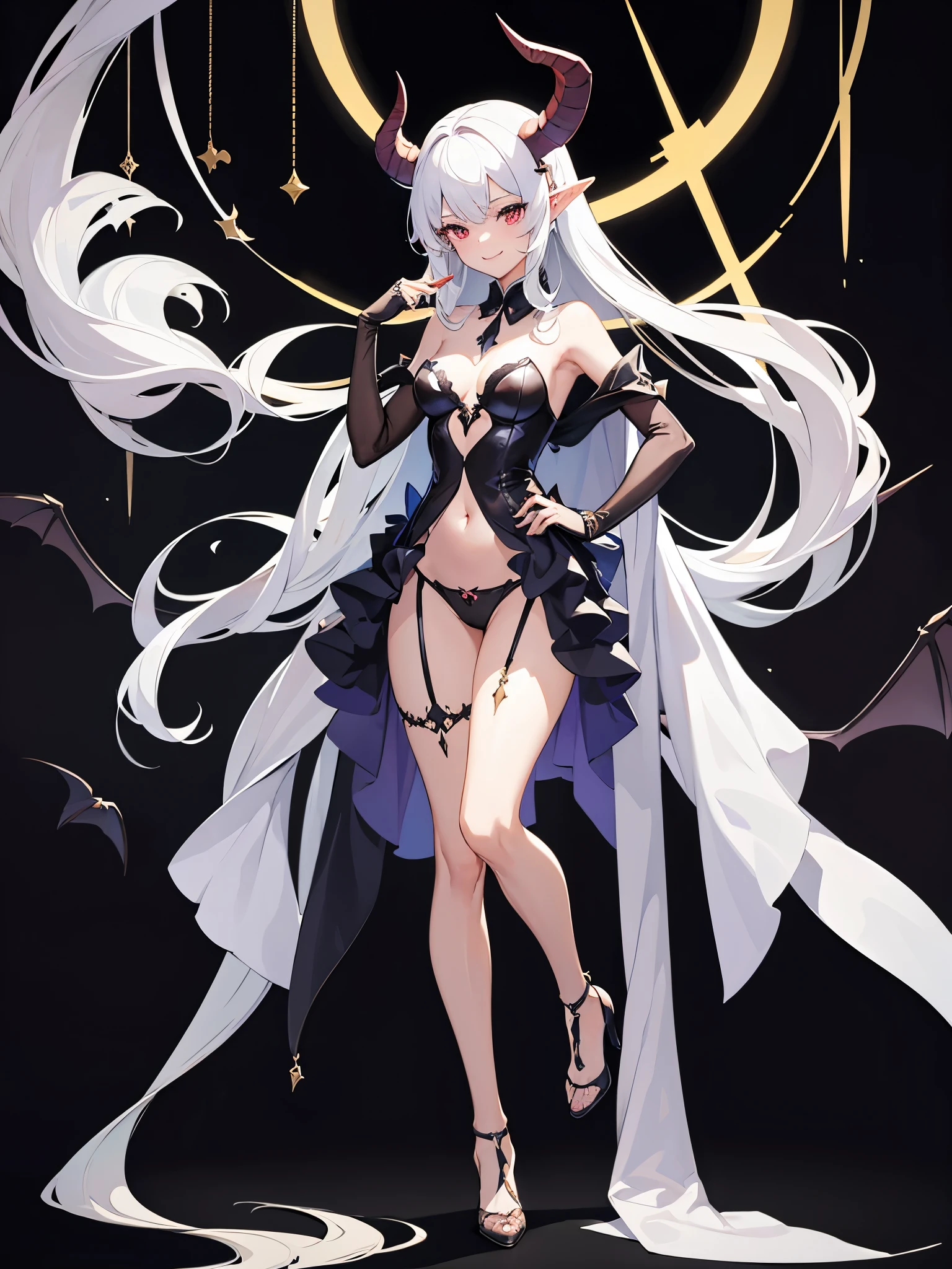 full body shot shot,portrait,solo person,a beauty girl,Hair over the shoulder,succubi,Happy,pointy ears,goat horn,high-heels,Put your hand to your mouth,Crossed waist with one hand,Whitish skin tone,Bow collar,比基尼,grin,Magic pupil,a garter belt,The demons,The demons翅膀,Bat wings growing on the back,Crop topping,Sexy dressing,underwear