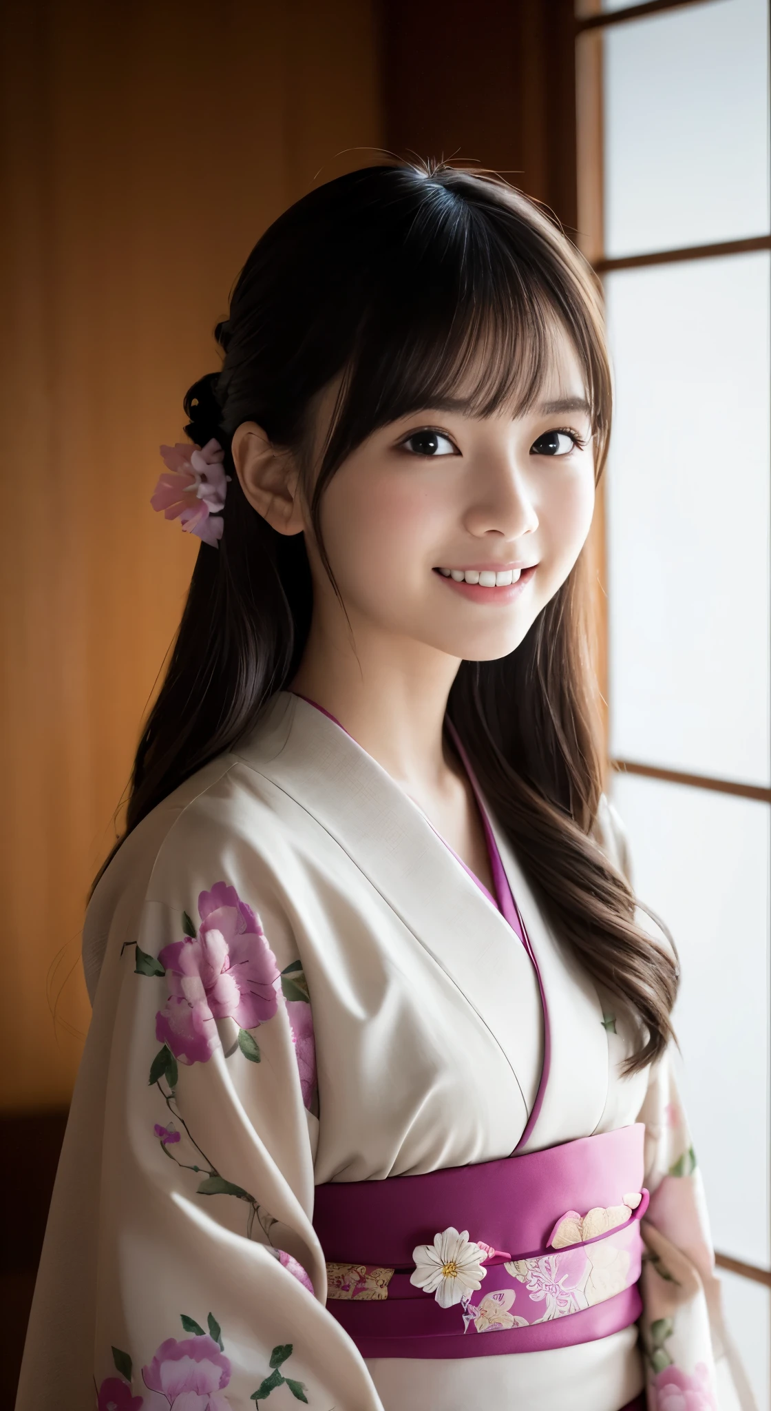 (Photorealsitic:1.4), (Top image quality:1.0), (超hight resolution:1.0), 8K, Raw photography, (masterpiece:0.2), (pureerosface_v1:0.5)、(Best Quality Detail:1.2)、realisitic、8K UHD、hight resolution、(1girl in:1.2)、The ultra-detailliert、High quality textures、intricate detailes、detaileds、非常detailedsなCG、High quality shadows、Detail Beautiful delicate face、Detail Beautiful delicate eyes、depth of fields、Ray traching,1girl in, japanaese girl, Cute, slender, Kimono with Japanese pattern,Floral scrunchie, Beautiful skin, Facing the front,(Smile faintly:1.4),Country of Japan,Japanese garden,Luxury Japanese-style room, skyporn, Magic Hour, (Realistic:1.3), 細かくdetailedsなプッシー, quality, (masutepiece:1.2), (Photorealsiticです:1.2), (Best Quality), (Intricate details), Dramatic, Ray tracing, photograph, +Lola