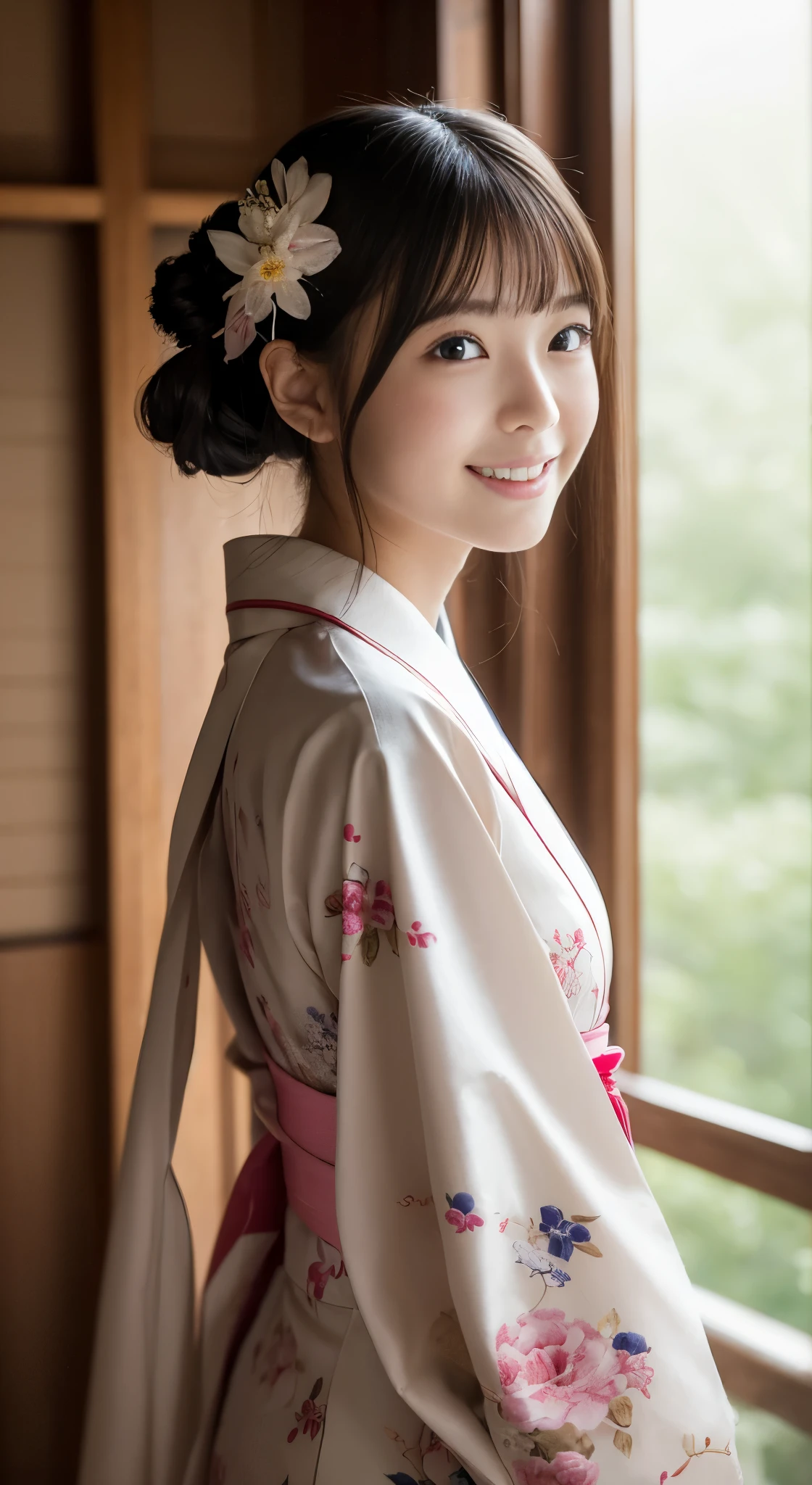 (Photorealsitic:1.4), (Top image quality:1.0), (超hight resolution:1.0), 8K, Raw photography, (​masterpiece:0.2), (pureerosface_v1:0.5)、(Best Quality Detail:1.2)、realisitic、8K UHD、hight resolution、(1girl in:1.2)、The ultra-detailliert、High quality textures、intricate detailes、detaileds、非常detailedsなCG、High quality shadows、Detail Beautiful delicate face、Detail Beautiful delicate eyes、depth of fields、Ray traching,1girl in, japanaese girl, Cute, slender, Kimono with Japanese pattern,Floral scrunchie, Beautiful skin, Facing the front,(Smile faintly:1.4),Country of Japan,Japanese garden,Luxury Japanese-style room, skyporn, Magic Hour, (Realistic:1.3), 細かくdetailedsなプッシー, quality, (masutepiece:1.2), (Photorealsiticです:1.2), (Best Quality), (Intricate details), Dramatic, Ray tracing, photograph, +Lola