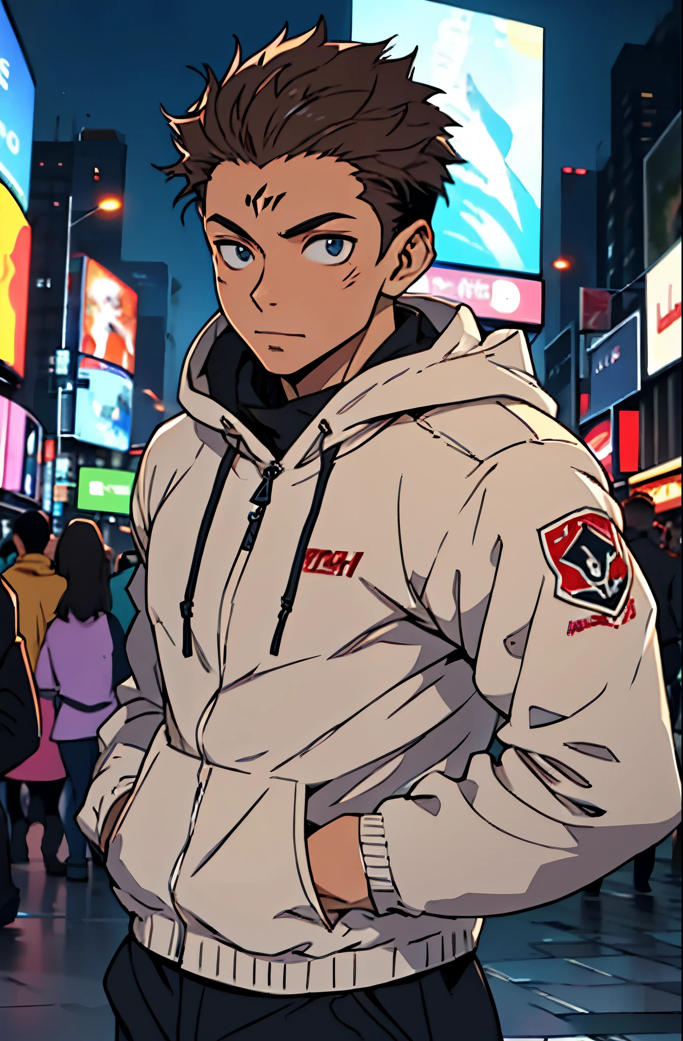 A mais alta qualidade, 8K, image high resolution, good ilumination, sombras detalhadas, Detailed strokes, no meio de uma avenida movimentada estilo Times Square de noite , inverno, apoiado em um dos postes, adolecente, Yuji Itadori, Dark Brown Hair , pele muito branca, Wearing a cold jacket , masculo , Tight chest in jacket , (angulo de baixo), (Angulo de Perto), pernas definidas, defined arms, com a camisa,