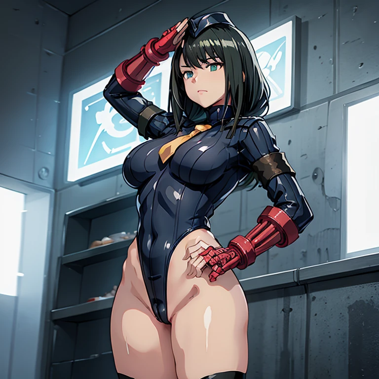 ultra-detailed, Explicit, Beautiful body, Beautiful Nose, Beautiful character design, perfect eyes, perfect face, ultra highres, 4K, beautiful legs, perfect legs, Nice hands, Perfect hand, Masterpiece, Best Quality, Highly detailed, illustration, absurdres, street fighter, doll suit, shadaloo doll, dollsuit, girls, multiple girls, expressionless, blank eyes, looking at viewer, red gloves, emotionless, black latex, corrution, mind control, female combatant, full body, hypnotized, unhappy trance, full body suit, ribbed bodysuit, both arms at side, obey, perfect female body, extremely glossy latex, hypnosis, hypnoLora, empty eyes, Mind control device, poses, submissive_pose, Slave, hat, necktie, stand up straight, standing, standing at attention, hat, necktie, belt, latex, ribbed bodysuit, brown hair, thighhighs, garter belt, Fighting Stance, extending the right arm from the shoulder into the air with a straightened hand, nazi saluting, military, military saluting, salute, thigh boots, SSSS.GRIDMAN, Hass, dark green hair, green eyes, mask, latex mask