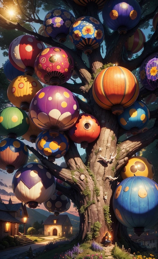 Light up the colorful mushroom forest,world in a bottle,A fairyland-like hideaway,Colorful mushroom house,a fairy world,夏天,Seafront,Rios,tree house,sunflower fields,lavender,mountain ranges,mountain peak tree,a small medieval village, Italy, are present, medieval town, medieval village, FantasyItaly, quaint village, Italy杰作, medieval coastal village, medieval town landscape、Cobblestone road、View from the street、Behold