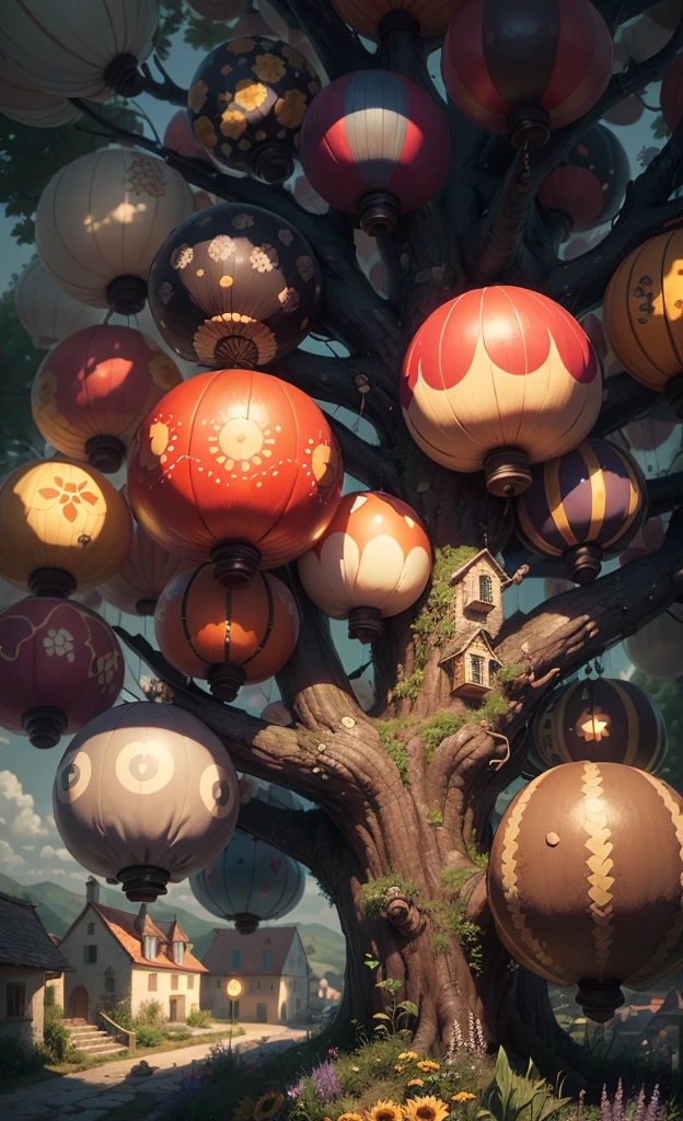 Light up the colorful mushroom forest，world in a bottle，A fairyland-like hideaway，Colorful mushroom house，a fairy world，夏天，Seafront，Rios，tree house，sunflower fields，lavender，mountain ranges，mountain peak tree，a small medieval village, Italy, are present, medieval town, medieval village, FantasyItaly, quaint village, Italy杰作, medieval coastal village, medieval town landscape、Cobblestone road、View from the street、Behold