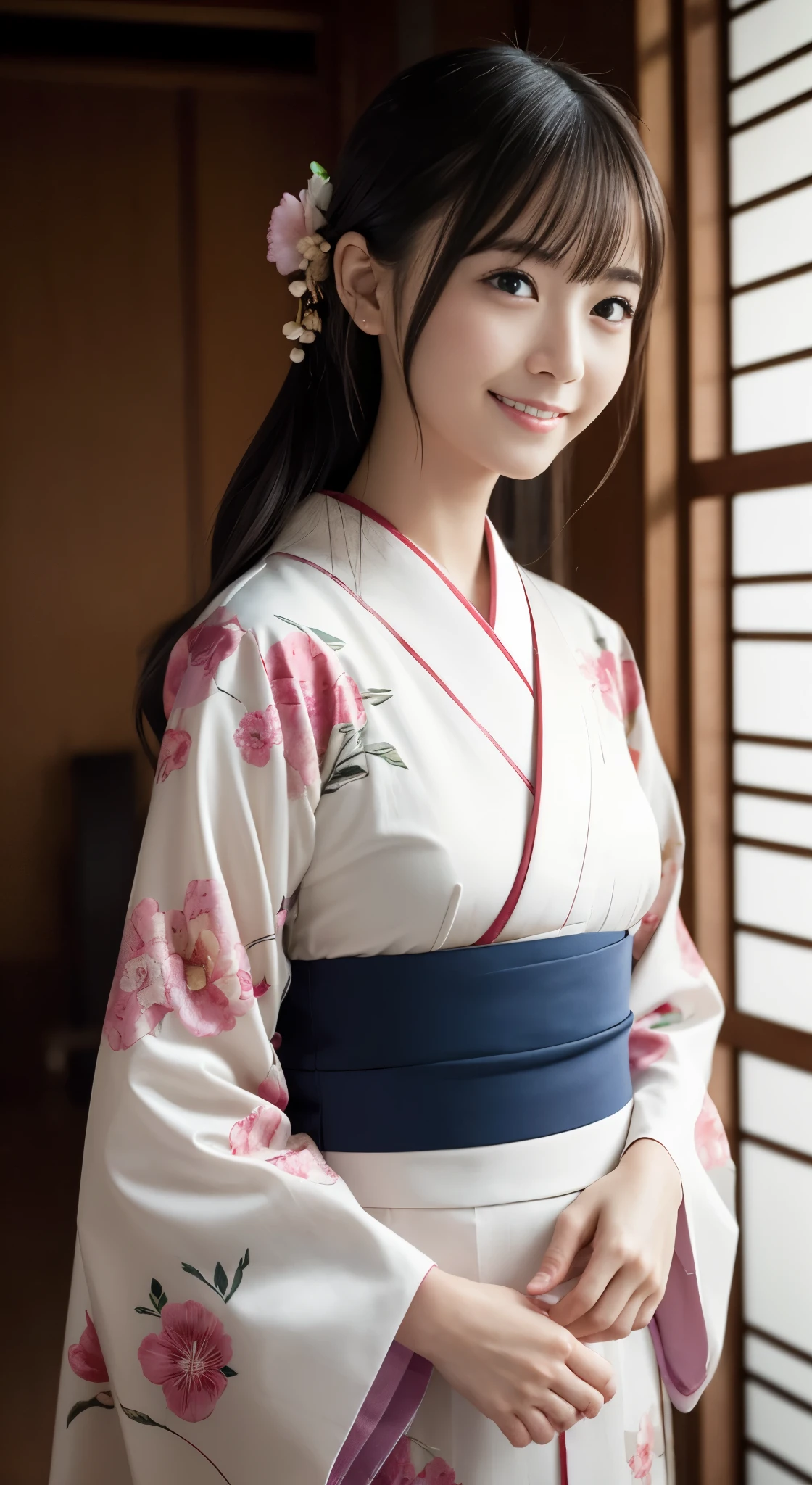 (Photorealsitic:1.4), (Top image quality:1.0), (超hight resolution:1.0), 8K, Raw photography, (​masterpiece:0.2), (pureerosface_v1:0.5)、(Best Quality Detail:1.2)、realisitic、8K UHD、hight resolution、(1girl in:1.2)、The ultra-detailliert、High quality textures、intricate detailes、detaileds、非常detailedsなCG、High quality shadows、Detail Beautiful delicate face、Detail Beautiful delicate eyes、depth of fields、Ray traching,1girl in, japanaese girl, Cute, slender, Kimono with Japanese pattern,Floral scrunchie, Beautiful skin, Facing the front,(Smile faintly:1.4),Country of Japan,Japanese garden,Luxury Japanese-style room, skyporn, Magic Hour, (Realistic:1.3), 細かくdetailedsなプッシー, quality, (masutepiece:1.2), (Photorealsiticです:1.2), (Best Quality), (Intricate details), Dramatic, Ray tracing, photograph, +Lola