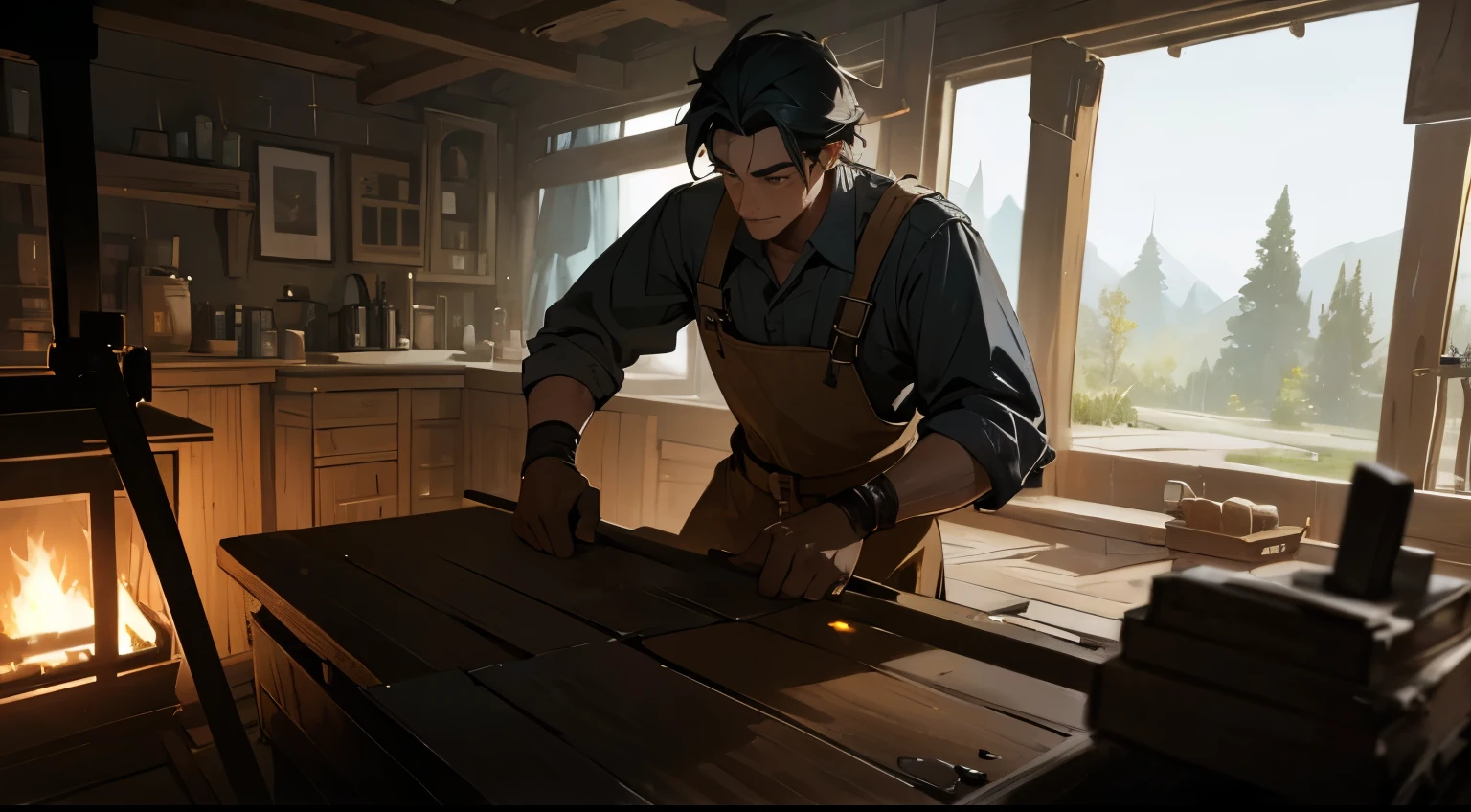 A man working as a blacksmith in a detailed background with a blacksmith working station. The background should have dim lights, vivid colors, and be ultra-detailed. The man should be the main focus with a realistic depiction.