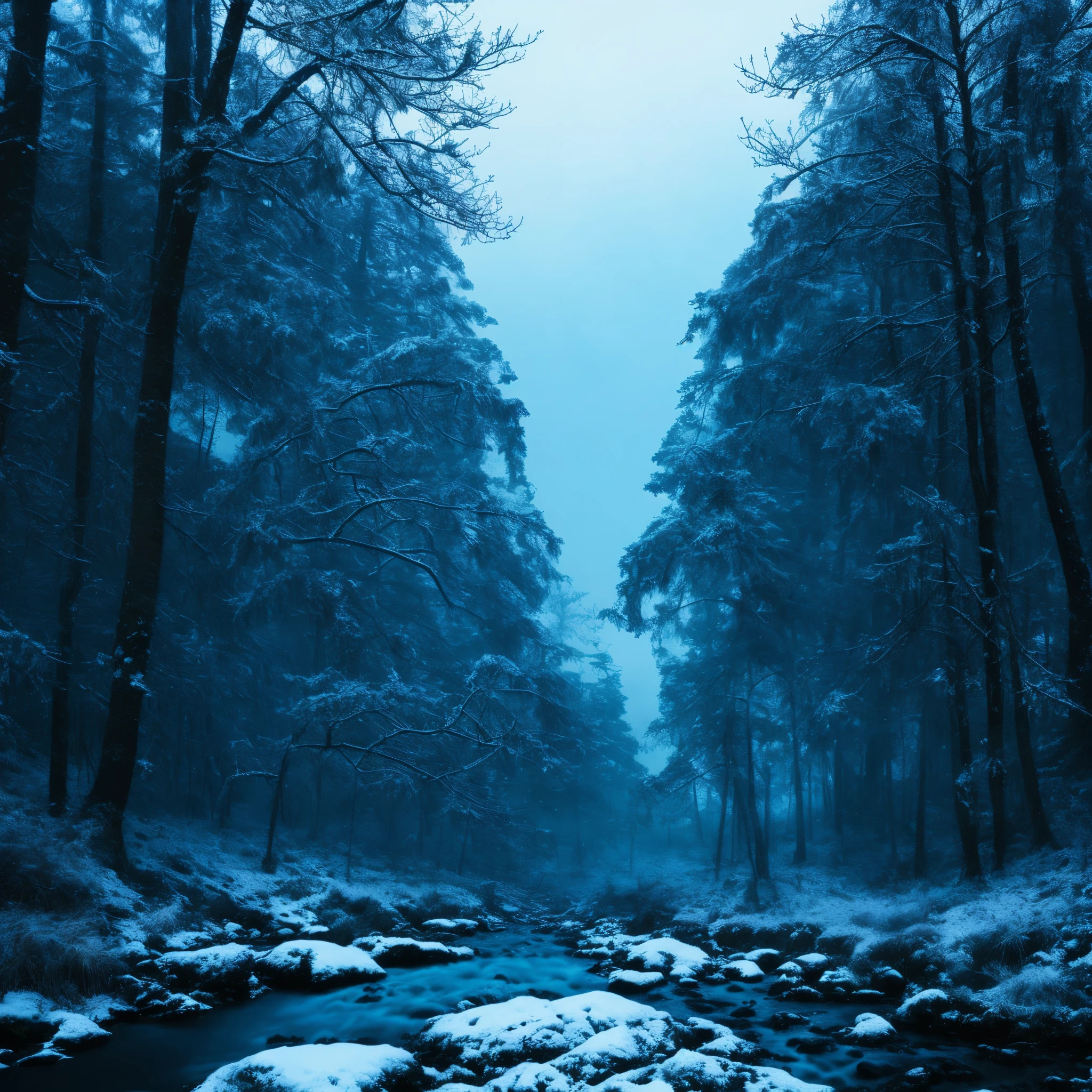 Bosque nevado scene with a stream running through the middle of the woods, Arte conceptual de invierno, bosque nevado, Ilustraciones de fondo, Bosque nevado, Antecedentes del anime art, Anime Lush John 8K Woods, Antecedentes del anime, in a Bosque nevado setting, Entorno forestal iluminado por la luna, Ambiente nevado, Bosque de invierno, escena de fondo aleatoria, Heavy winter aesthetics, Bosque azul, Arte conceptual de un bosque oscuro