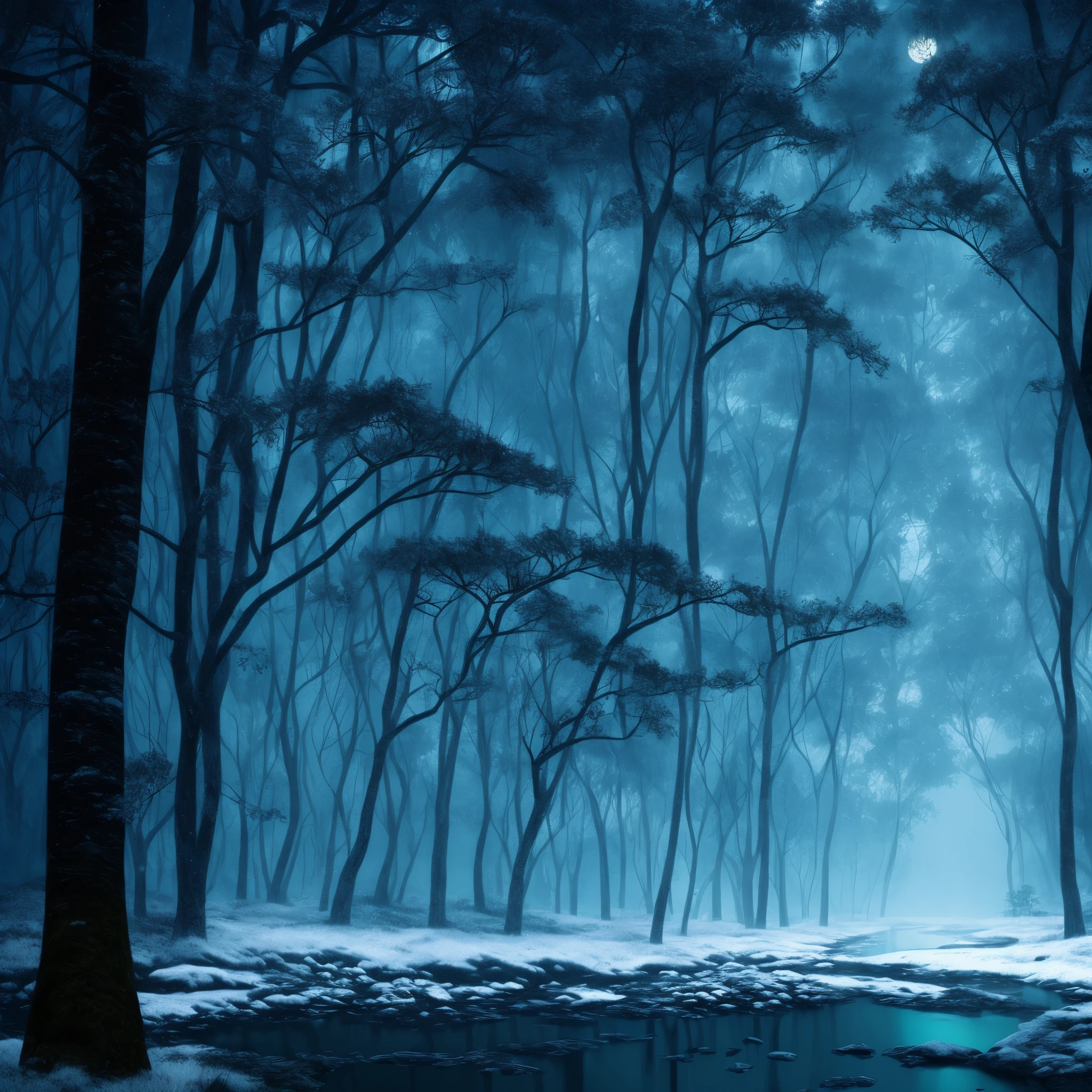 Bosque nevado scene with a stream running through the middle of the woods, Arte conceptual de invierno, bosque nevado, Ilustraciones de fondo, Bosque nevado, Antecedentes del anime art, Anime Lush John 8K Woods, Antecedentes del anime, in a Bosque nevado setting, Entorno forestal iluminado por la luna, Ambiente nevado, Bosque de invierno, escena de fondo aleatoria, Heavy winter aesthetics, Bosque azul, Arte conceptual de un bosque oscuro