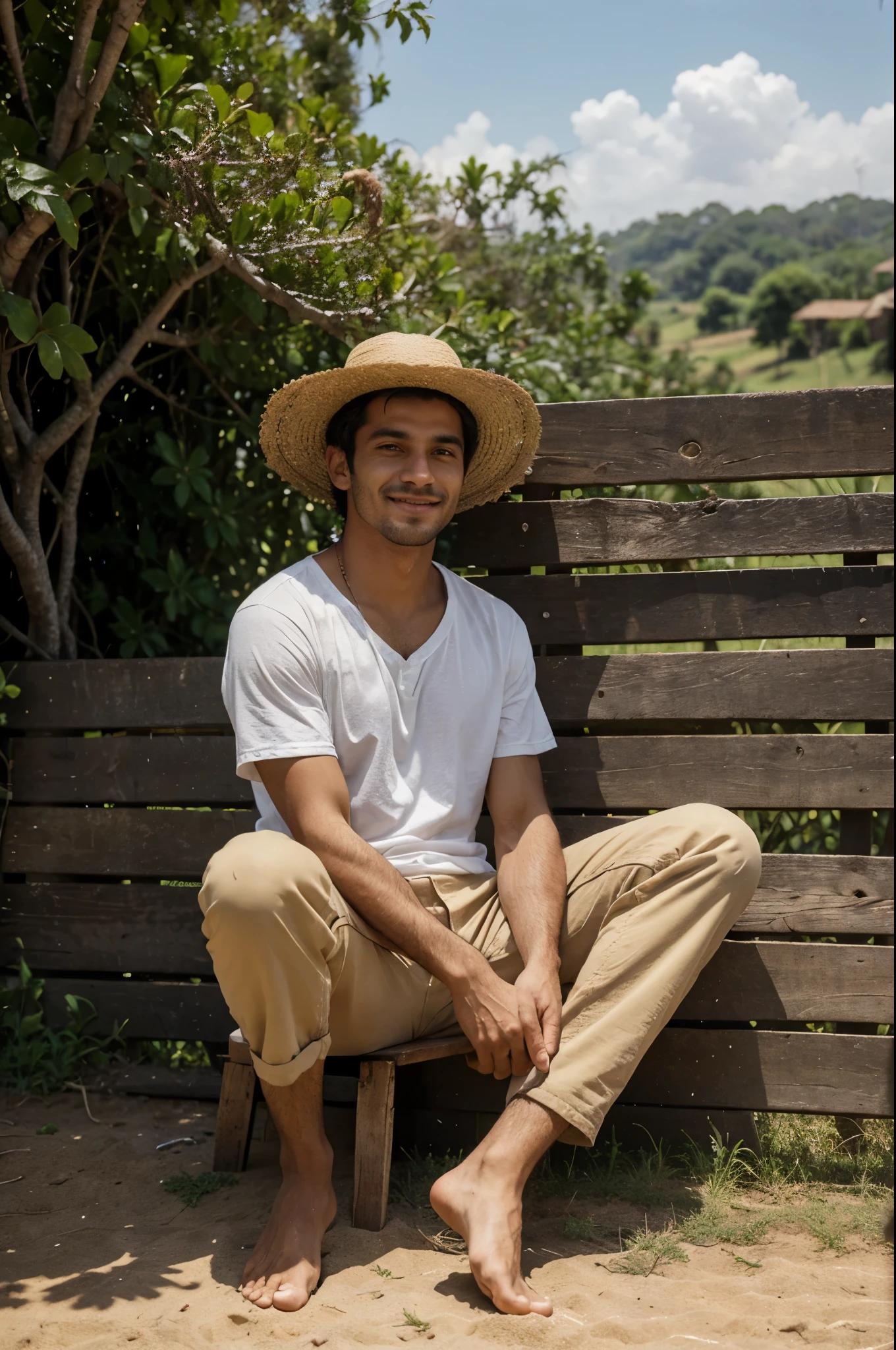 Brazilian man, 27 years old, from the countryside, simple clothes, pants rolled up at the ankle, straw hat, sitting on top of a wooden fence, barefoot, happy and carefree looking at the horizon. 3pm sun