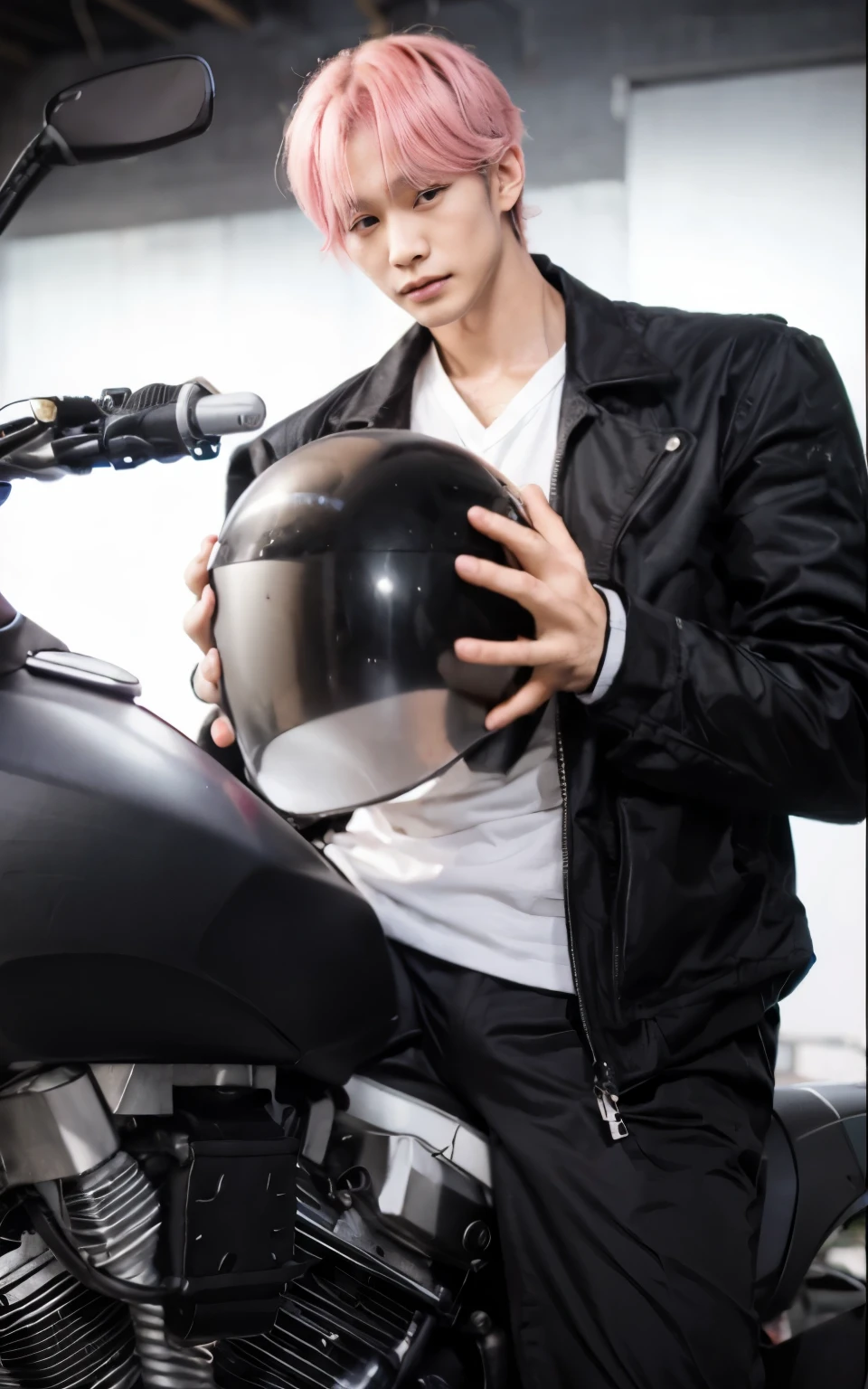 Korean handsome man, on a motorcycle, pink hair