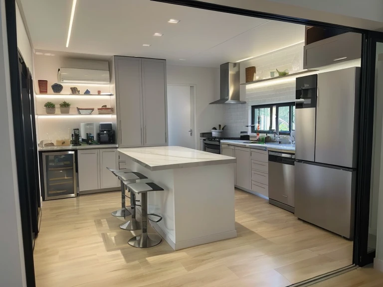 there is a cozinha with a large island and a stainless steel refrigerator, minimal cozinha, linhas limpas, novo visual moderno, vivid and detailed, plano aberto, with dramatic lighting, competition winning, cozinha, Limpo e , imaculadamente detalhado, lockers, completely filled space, house cozinha on a sunny day, small cozinha, Limpo e pristine design, minimalista moderno