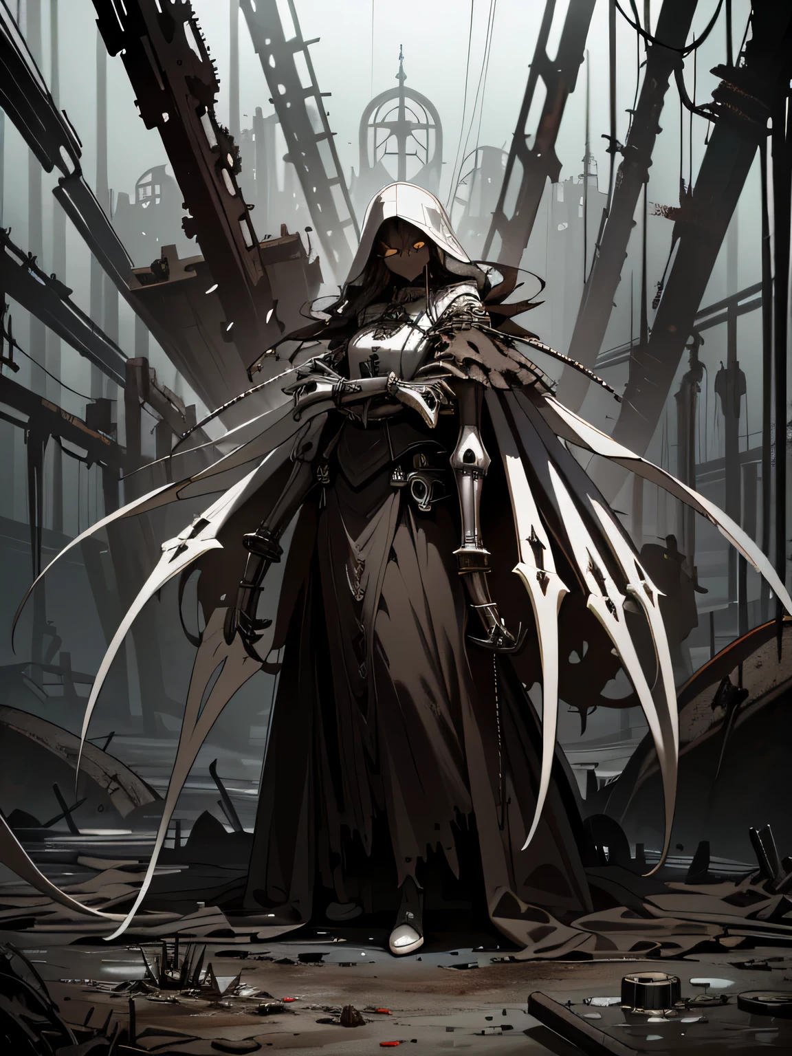 horror art, A gloomy world, Dark Fantasy, ((full-length portrait)), dark machine gun girl, ((dark brown skin)), sharp white helmet, dark mechanisms, ((massive rings on hands)), (holding a massive needle), a lot of black liquid, Distortion, abandoned world, (highly detailed abandoned medieval cityscape), grey mist