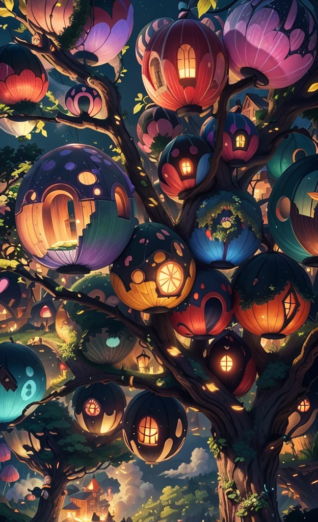 Light up the colorful mushroom forest，world in a bottle，A fairyland-like hideaway，Colorful mushroom house，a fairy world，夏天，Seafront，Rios，tree house，sunflower fields，lavender，mountain ranges，mountain peak tree，a small medieval village, Italy, are present, medieval town, medieval village, 幻想Italy, quaint village, Italy杰作, medieval coastal village, medieval town景观、Cobblestone road、View from the street、Behold