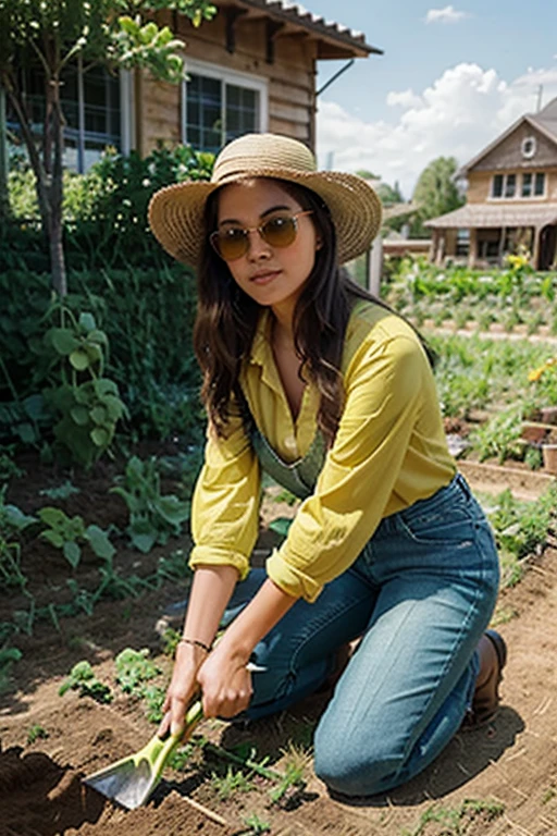 20 year old girl wearing green denim trousers and yellow shirt straw hat sunglasses kneeling and digging the ground with a shovel in a garden, tomatoes growing in the field, pumpkins growing in the field, cauliflowers growing in the field, cucumbers growing in the field, gardening tools, toolshed, Victorian house, detailed face, beautiful asian face