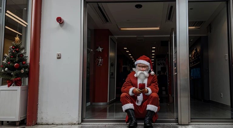 demon santa claus sitting in distant  corner of creepy shopping mall