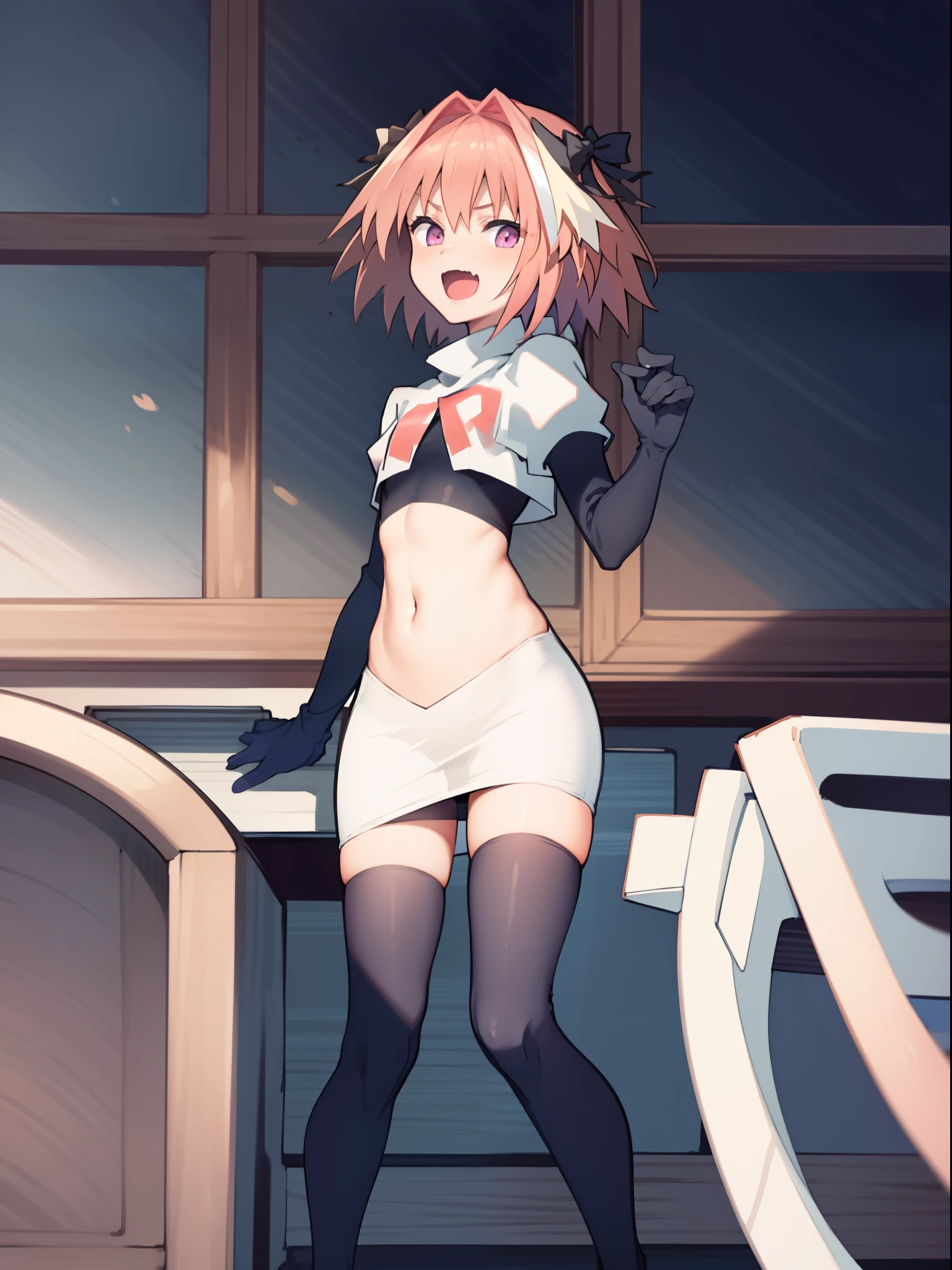 absurdres, masterpiece, best quality, (astolfo fate:1.2155), 1boy, male focus, trap, pink multicolored hair, pink hair, white hair, hair intakes, long hair, pink detailed eyes, crossdressing,1boy, team rocket,team rocket uniform, red letter R, white skirt,white crop top,black thigh-highs,black elbow gloves