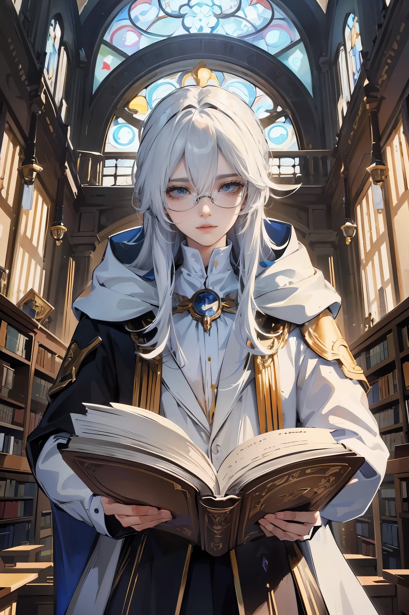 an androgynous hooded boy with long white hair stands inside a large library and holds an open book, the boy is wearing glasses, the library is lit by candles and filled with books stacked on the floor, with a large round window in the background showing the galaxy with a constellation, Perfect lips, symmetrical face, olhos realistas, pele de porcelana, HDR, UHD