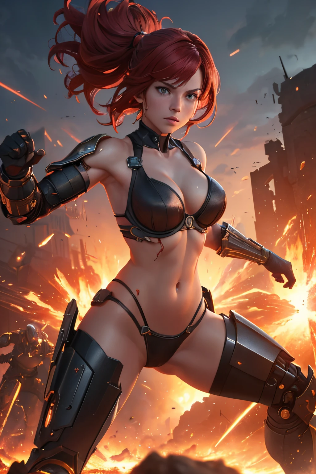 (Beautifully rendered by Industrial Light and Magic studios), (cgi), (8k), (masterpiece), (epic ground battle), (fiery explosion), (female half human cyborg:1.2), (just finished fighting), (battleworn), (realistic battle damage:1.2), (dynamic action pose), (exposed), (skin stomach), (skin chast), (bra) (skin thighs), (skin upper arm).