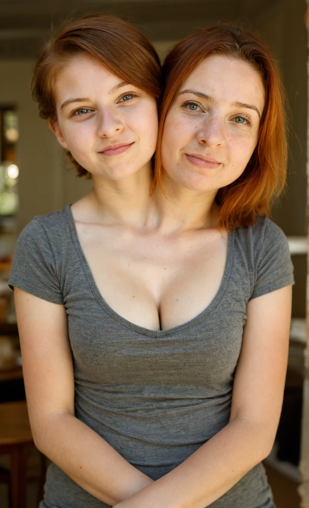 2heads, two headed girl, (a 12 year old girl and a 17 year old girl:1.5), (a redhead and a brunette:1.3), (uncomfortable and annoyed:1.2)