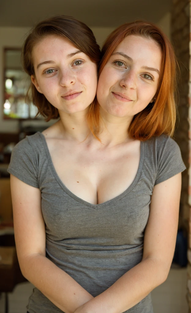 2heads, two headed girl, (a girl and a 17 year old (a redhead and a brunette:1.3), (uncomfortable and annoyed:1.2)