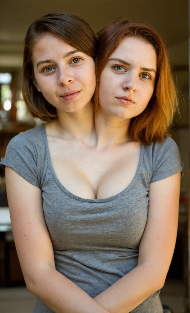 2heads, two headed girl, (a 12 year old girl and a 13 year old girl:1.5), (a redhead and a brunette:1.3), (uncomfortable and annoyed:1.2)