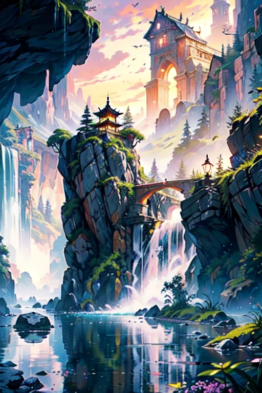 hyper-realistical masterpiece, best quality, trending on artstation, The image portrays an otherworldly scenery that takes you on a magical journey to ancient fantasy China. In the center of the image, you see a magnificent waterfall cascading down from a towering cliff into a serene and tranquil pool below. The water sparkles with the reflection of the sun, creating a dazzling display of light. Above the waterfall, you see a series of floating islands, each one seeming to defy the laws of gravity and physics BREAK These islands are adorned with intricate details, with pagoda-style roofs, ornate bridges, and lush gardens. The sky above is a tapestry of colors, with hues of pink, orange and purple that blend together in a stunning display of natural artistry. You also see hints of magic, with glowing orbs of light floating in the air, and intricate symbols etched into the rocks surrounding the waterfall BREAK The overall effect of the image is one of serene beauty and mystical wonder, transporting the viewer to a fantastical land that seems to exist only in the realm of dreams and imagination.