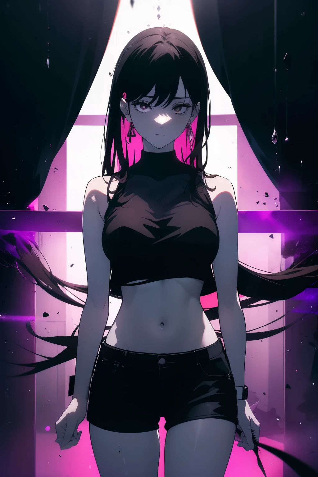 ((((Obra maestra, La mejor calidad, ultrahigh resolution)))), 1girl, dancing, partying, black t-shirt, jean shorts, (black hair, dark black hair over eye:1), long hair cut, pale skin, ((brown eyes)), (glowing_eyes), (ultra detailed eyes:0.7, beautiful and detailed face, detailed eyes:0.9), ((centered)), ((over joyed expression)), ((wide shot)), facing viewer, (((indoor part, purple and black lights, black dancing silhouettes:0.9, rave:1))), medium breasts, looking at viewer, ((half closed eyes)), ((perfect hands)), (((head:1, arms, hips in view, elbows, thighs, in view))), ((putting her hands in the air)), empty eyes, beautiful lighting, outside, outdoors, background, defined subject, 25 years old, (head tilt), (((cool))), ((lively))
